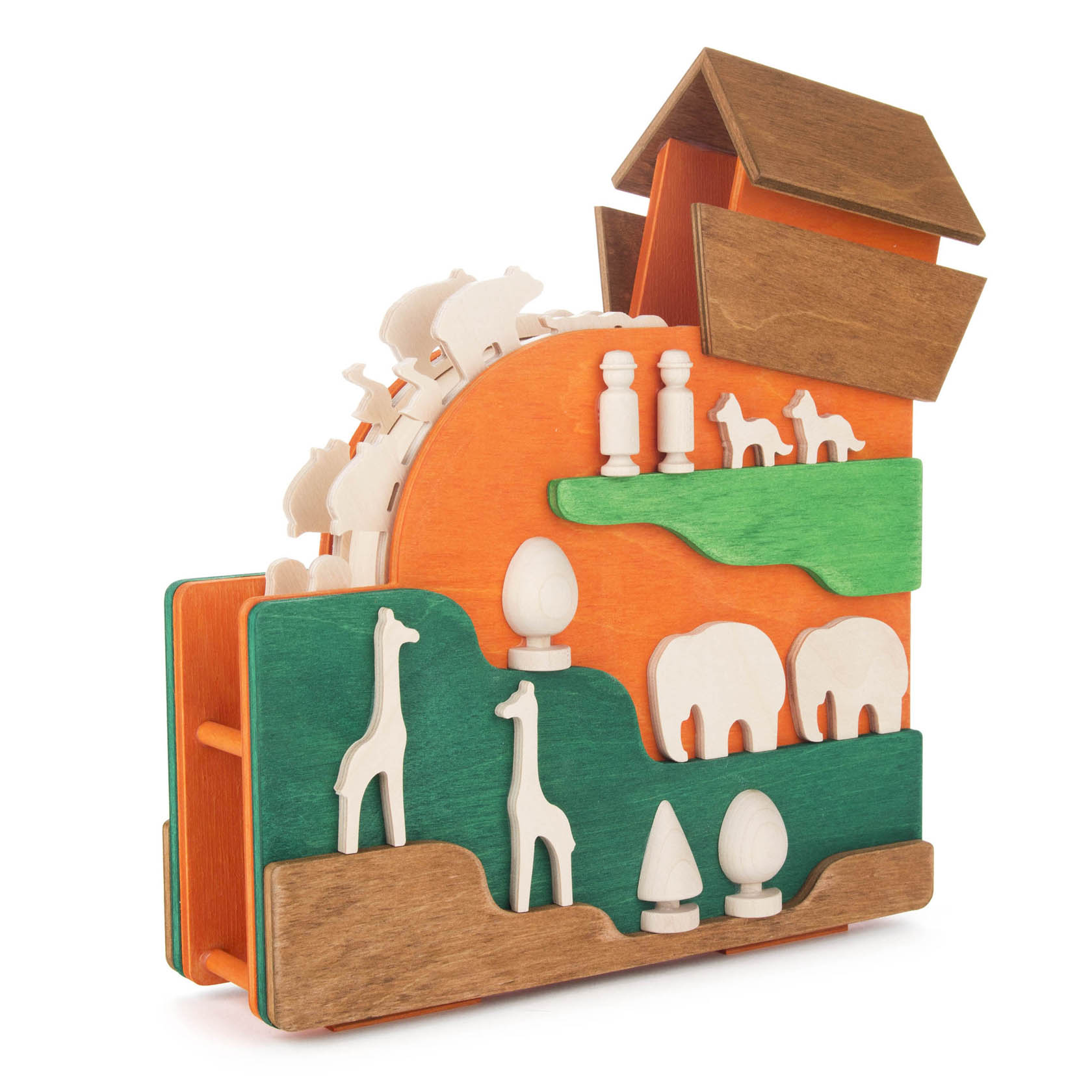 Holzspieldose in Form der Arche Noah mit Figuren von Giraffen, Elefanten und anderen Tieren, farbenfroh gestaltet. im Dregeno Online Shop günstig kaufen