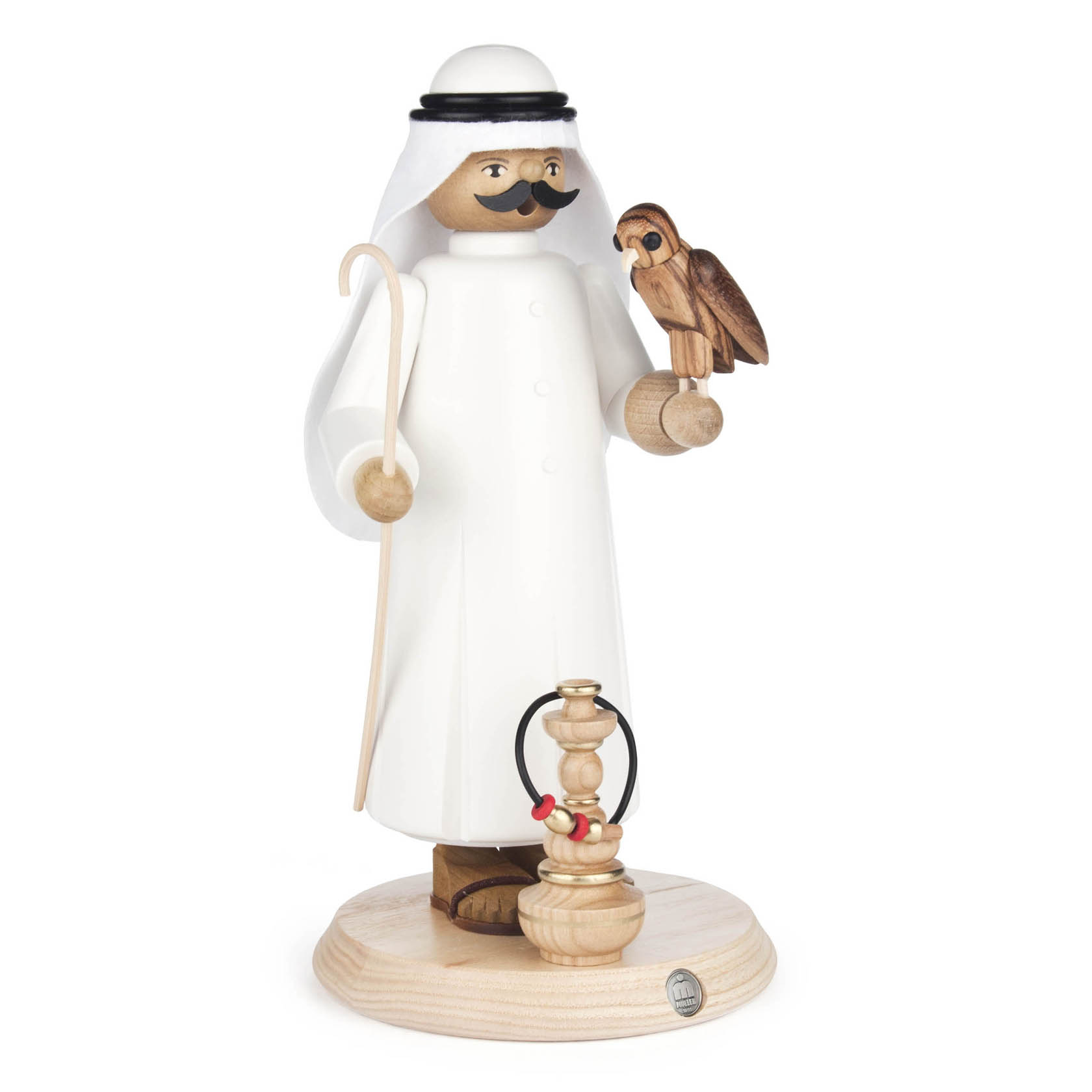 A traditional Rauchermann figurine of an Arab man in white attire, holding a falcon on his hand with a hook in the other hand, and a shisha at his feet. im Dregeno Online Shop günstig kaufen