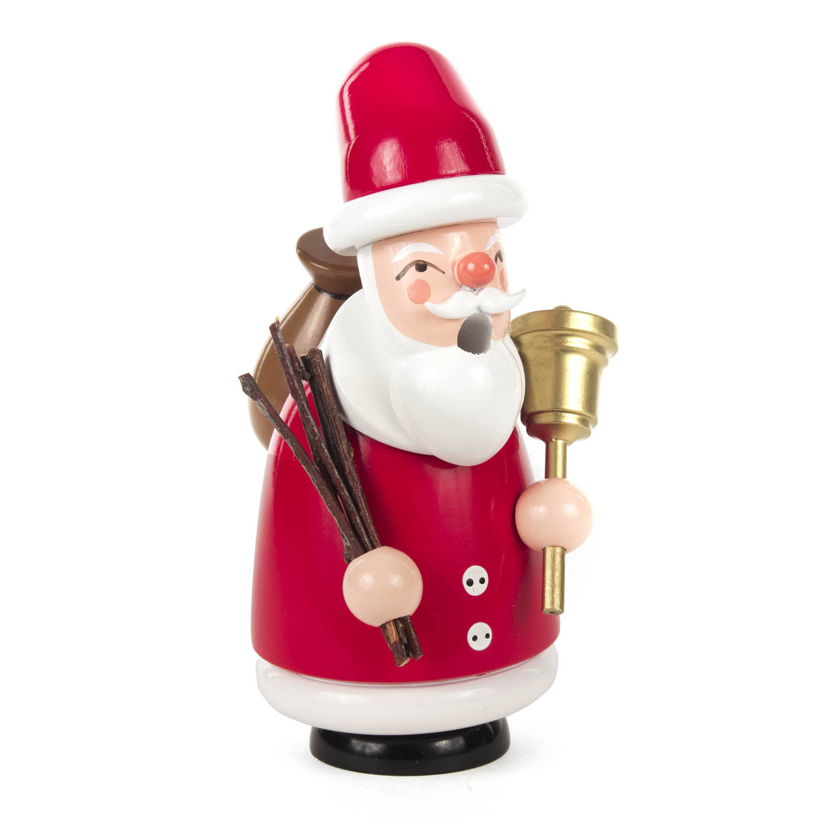 Ein Räuchermann in Form eines Weihnachtsmanns mit rotem Mantel, weißem Bart und Zipfelmütze. Er hält eine Glocke und einen Zweigbund in den Händen. im Dregeno Online Shop günstig kaufen