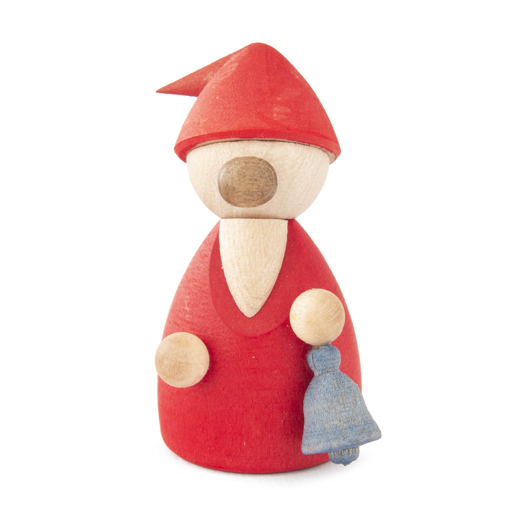 Holzwichtel mit roter Zipfelmütze und roten Mantel, hält eine blaue Glocke in der Hand. im Dregeno Online Shop günstig kaufen