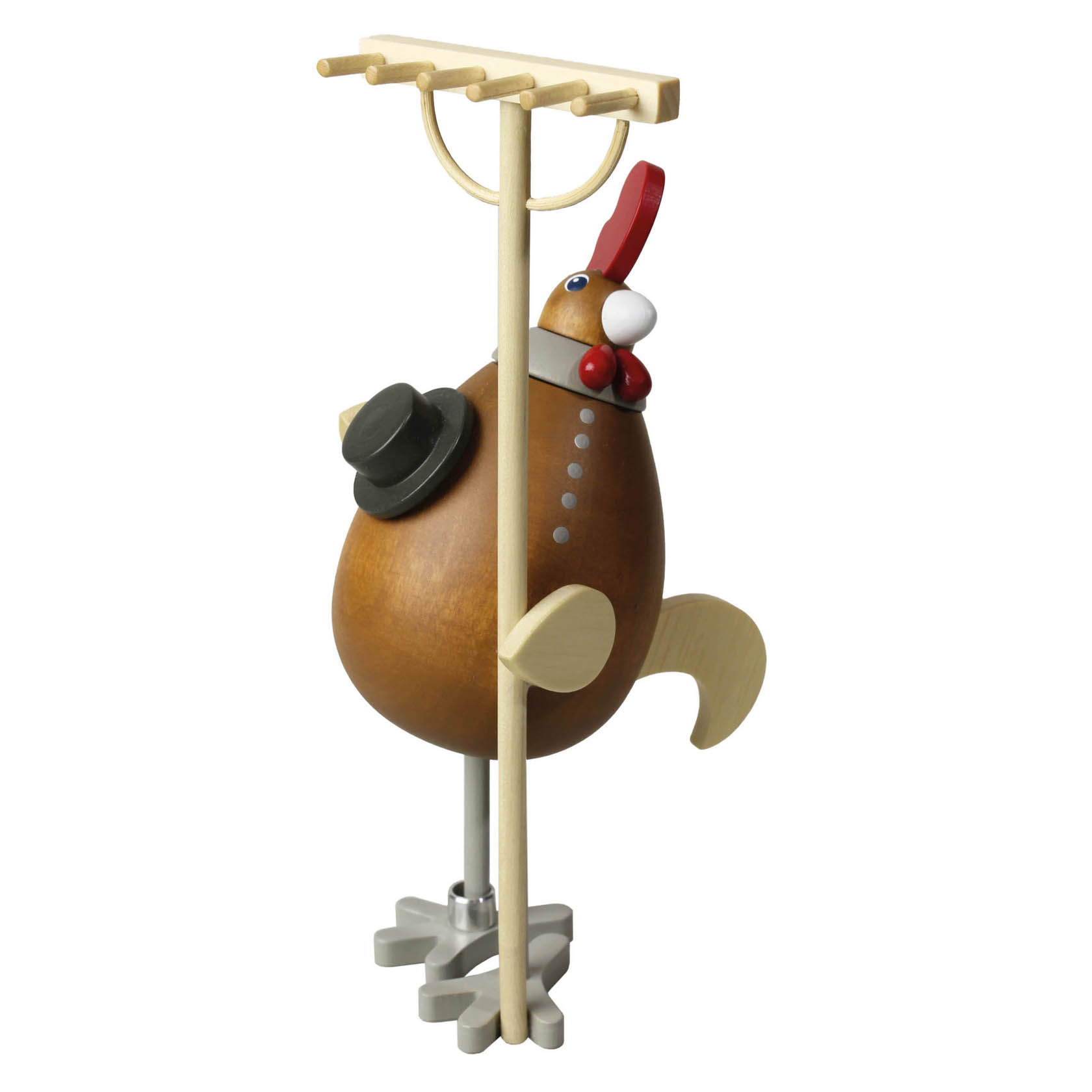 Holzfigur eines Huhns mit Zylinder und weiß-rotem Hals, das auf einem mechanischen Sockel steht. im Dregeno Online Shop günstig kaufen