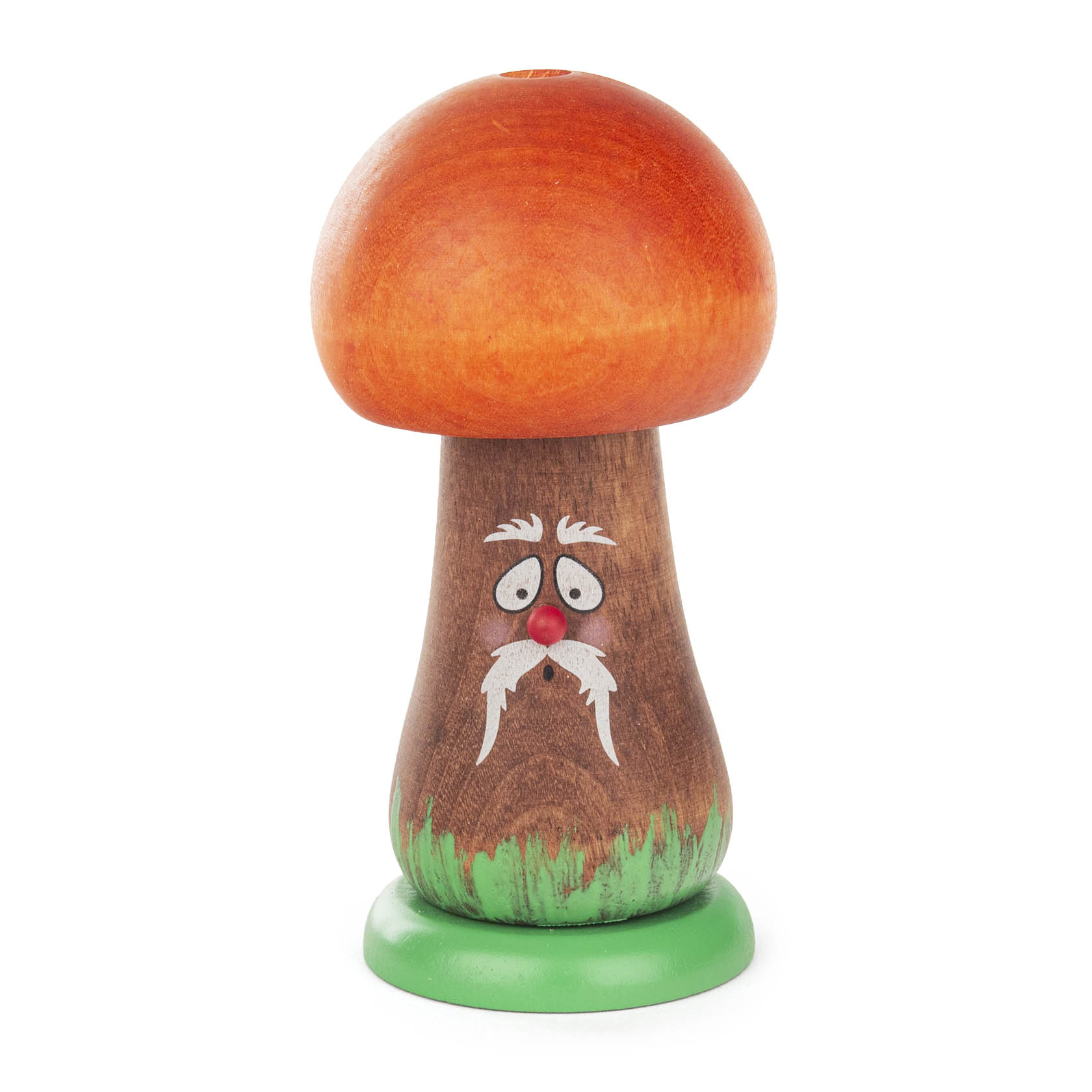 Holzfigur in Form eines Pilzes mit orangefarbenem Hut, traurig bemaltem Gesicht und weißen Schnurrhaaren, steht auf grünem Sockel. im Dregeno Online Shop günstig kaufen
