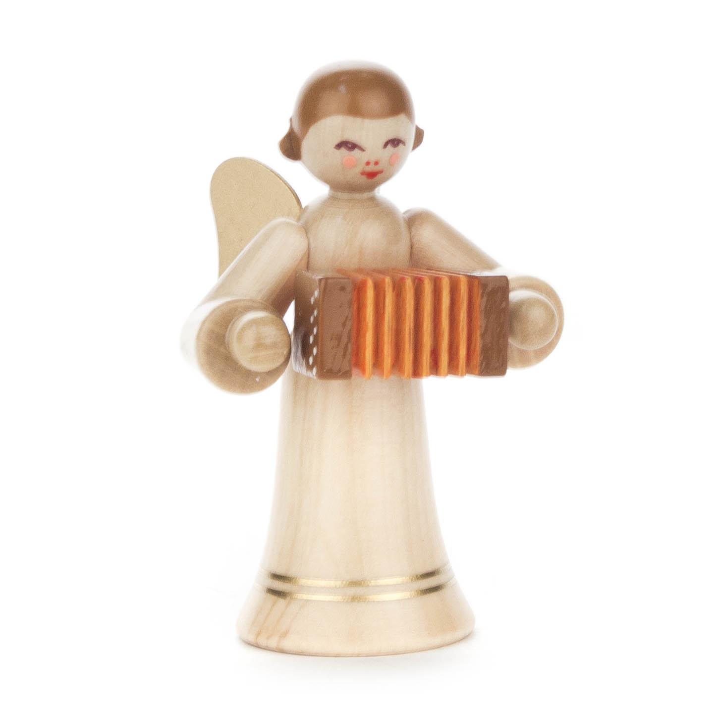 Holzengel mit goldenem Heiligenschein, goldenem Zierstreifen am langen Rock und einer Ziehharmonika spielend. Flügel sind am Rücken sichtbar. im Dregeno Online Shop günstig kaufen