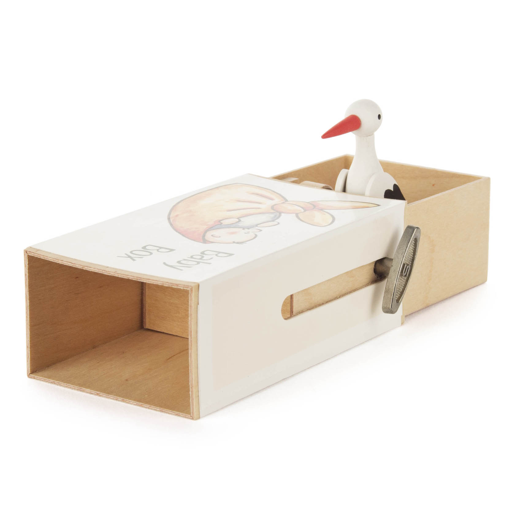 Holzschiebebox mit dem Aufdruck 'Baby-Box'. Ein Storch aus Holz schaut aus der geöffneten Box hervor.