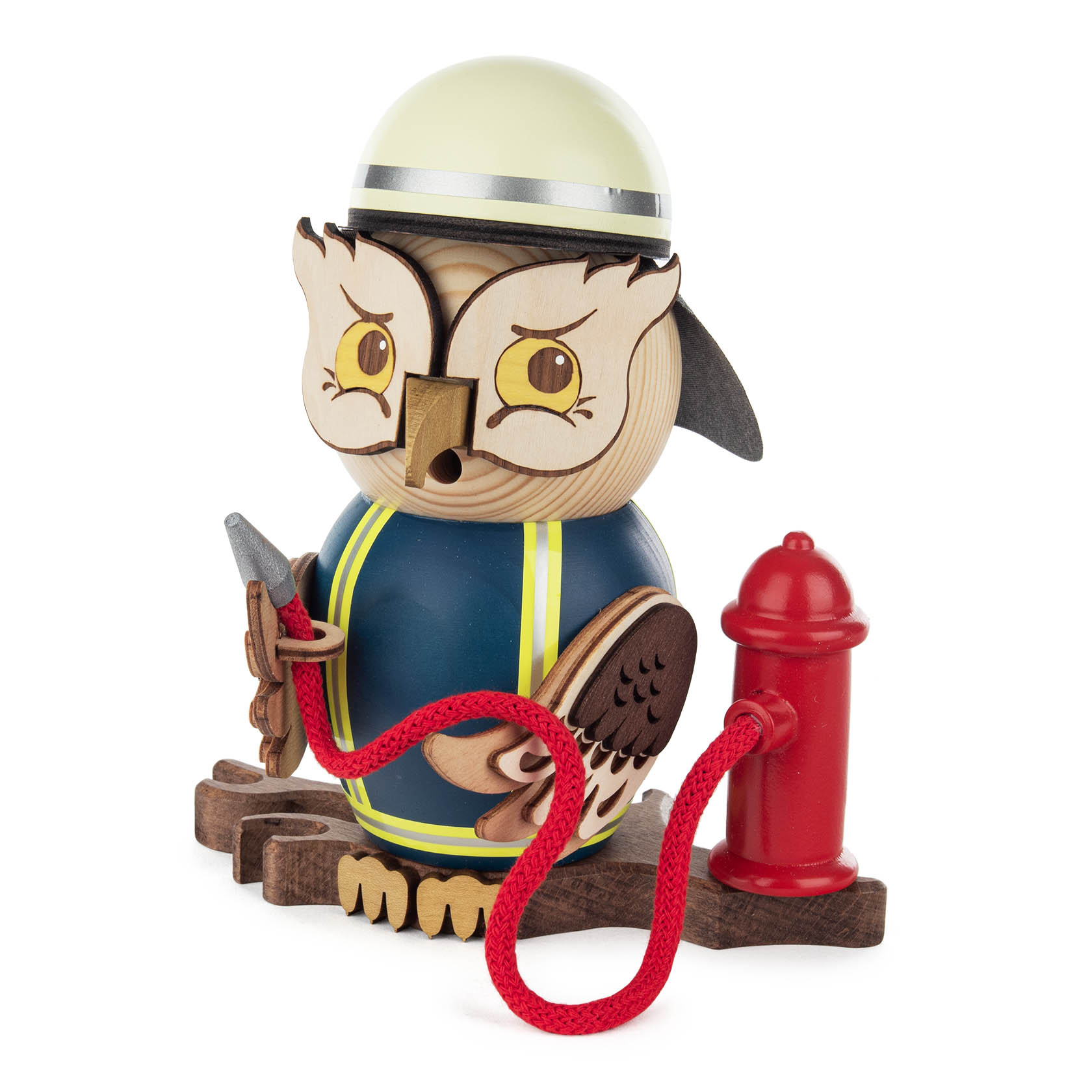 Holzeule im Feuerwehrmann-Design mit Helm, gelbem Streifen auf blauem Outfit, hält Schlauch, daneben ein Feuerhydrant. im Dregeno Online Shop günstig kaufen