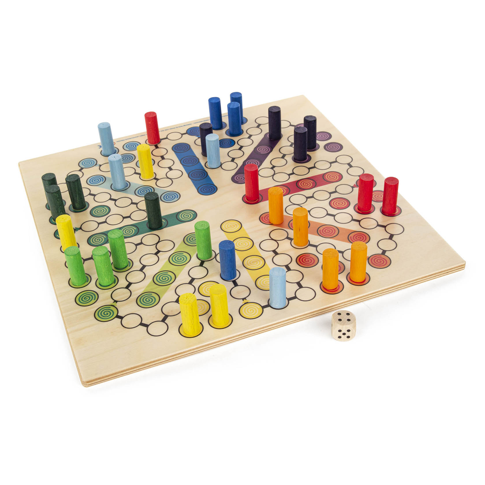 Holzspielbrett mit einem 8-Spieler Raus-mit-Dir-Spiel. Farbig sortierte Spielfiguren in Rot, Gelb, Grün, Blau, Hellblau, Orange und Dunkelgrün, und ein einzelner Würfel. im Dregeno Online Shop günstig kaufen