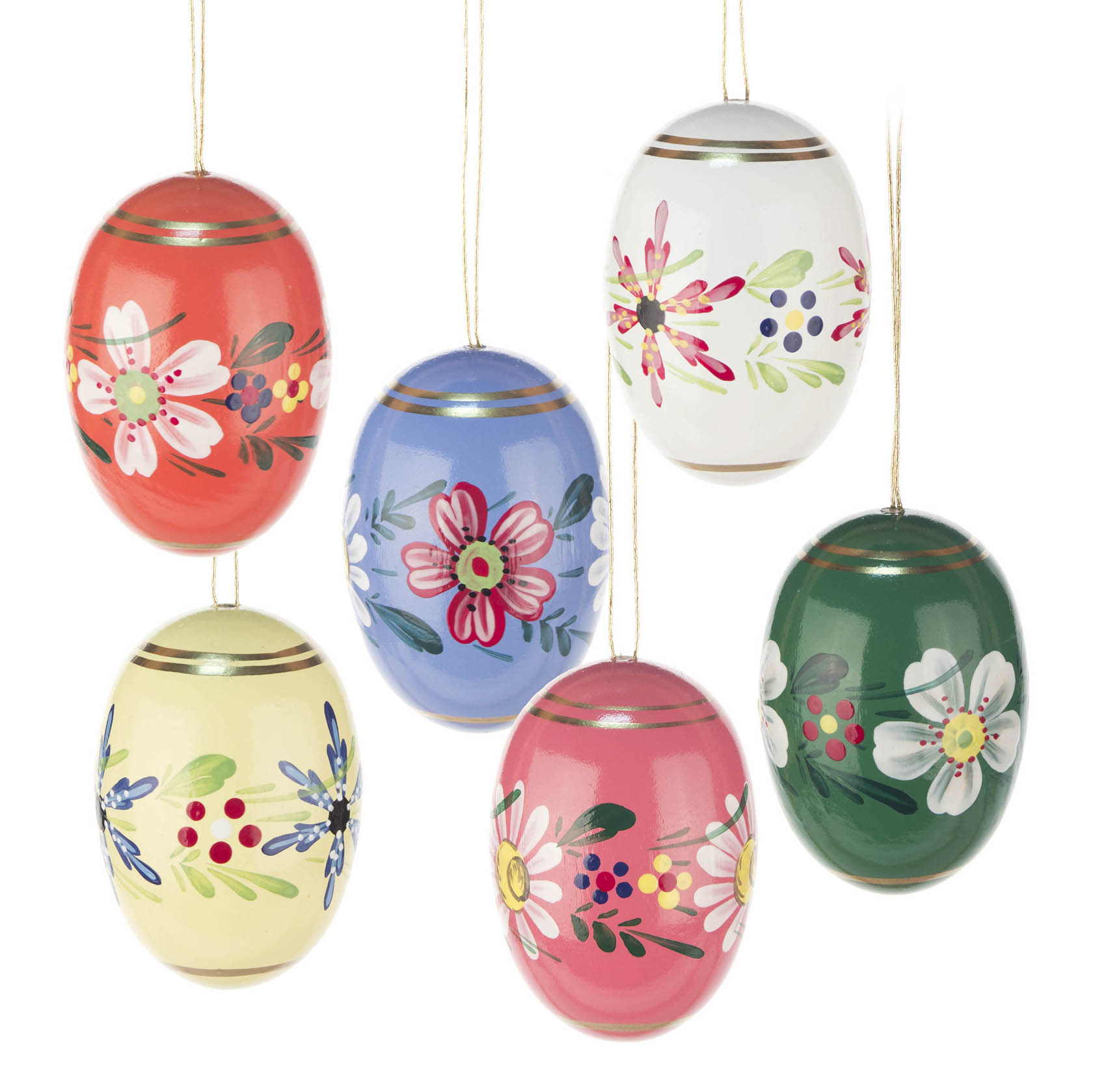 Sechs handbemalte, hängende Ostereier in verschiedenen Farben mit Blumenmotiven verziert. im Dregeno Online Shop günstig kaufen