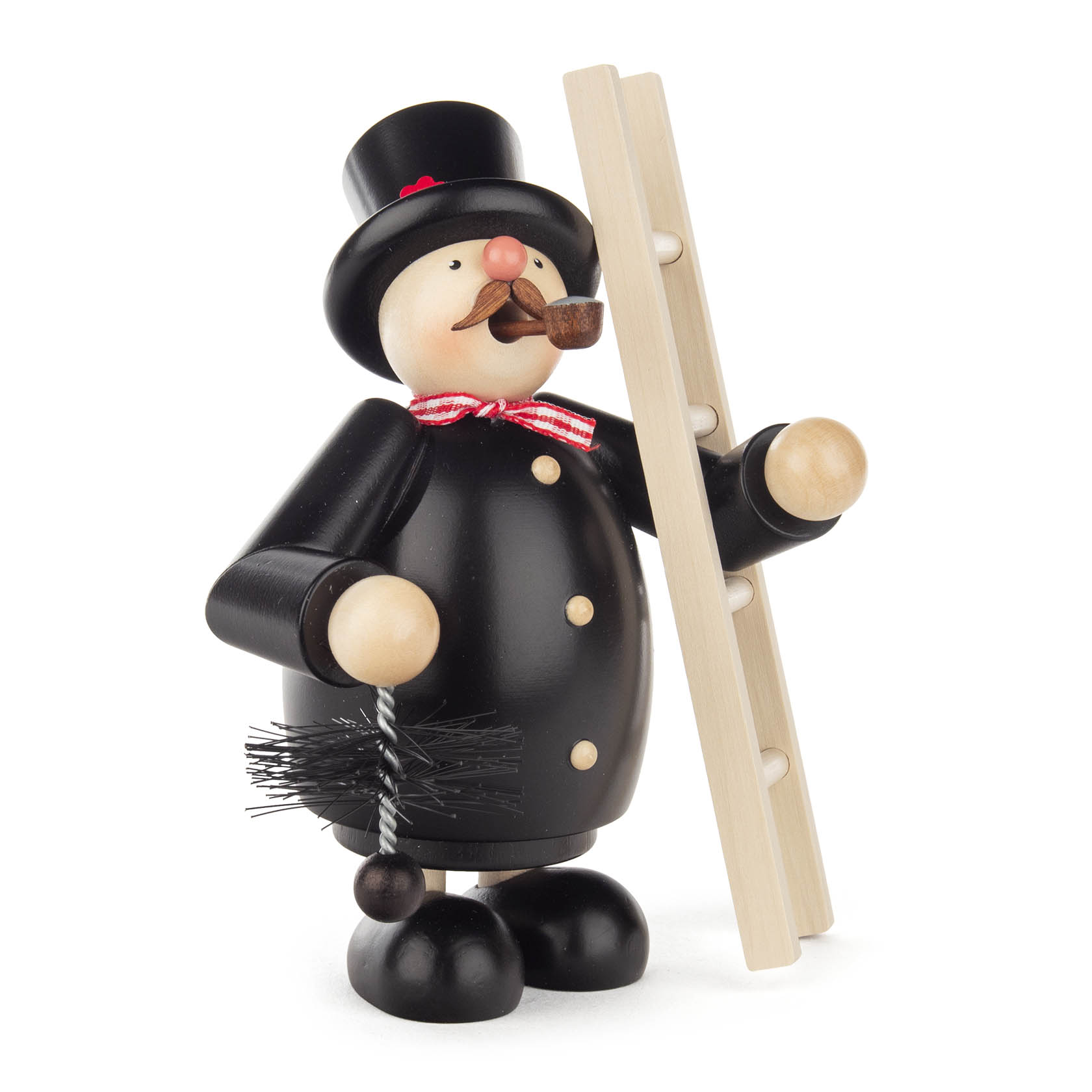Holzfigur eines Räuchermanns in der Gestalt eines Schornsteinfegers mit schwarzem Anzug, Zylinderhut, Besen und Leiter. Der Räuchermann hat ein Pfeifchen im Mund. im Dregeno Online Shop günstig kaufen