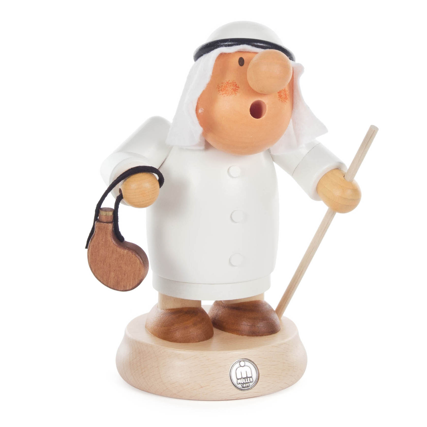 A wooden incense smoker figure dressed as an Arab with a white robe, holding a stick and a brown bag, designed for burning incense. im Dregeno Online Shop günstig kaufen