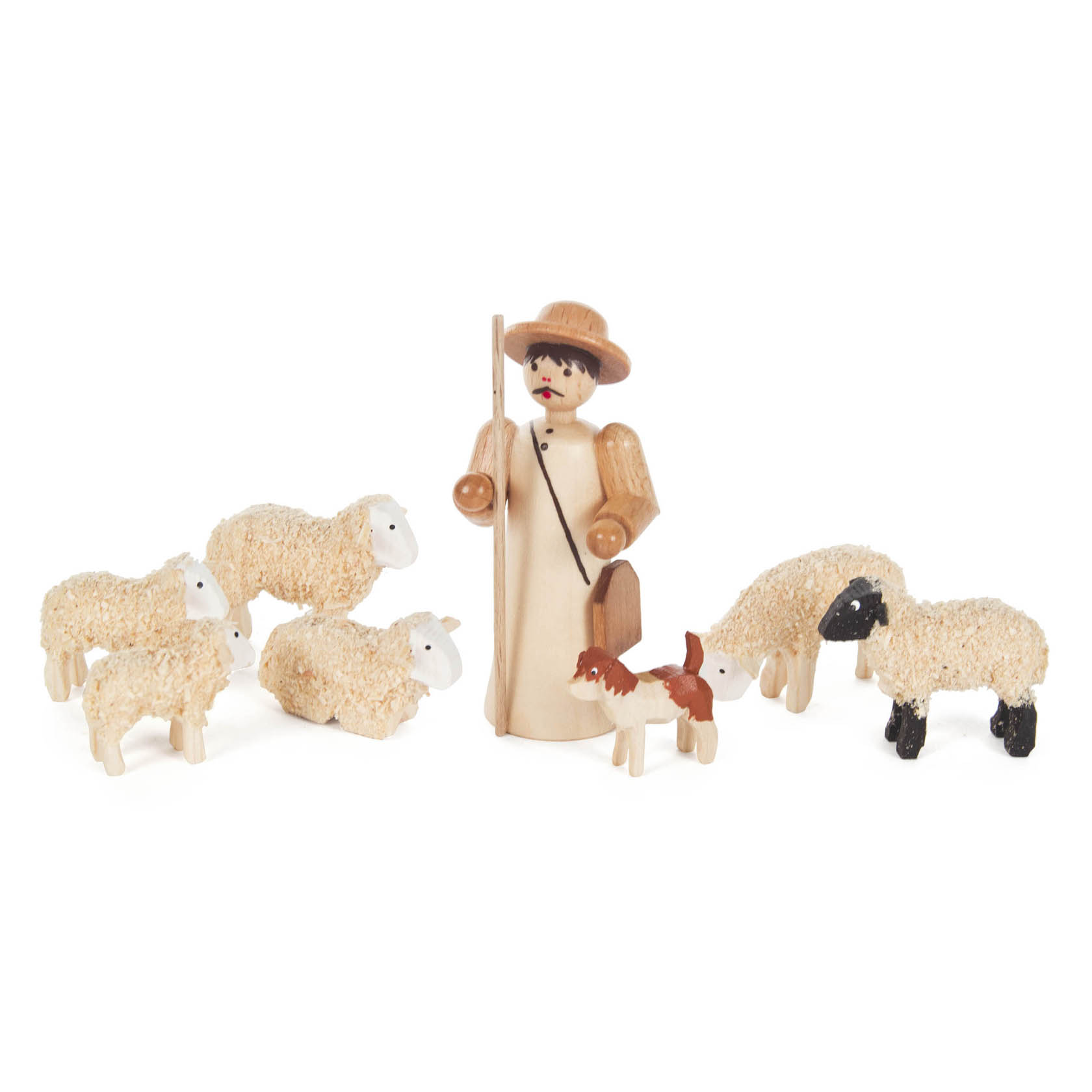 Holzfigur eines Schäfers mit sechs Schafen, von denen zwei schwarz-weiß sind. Der Schäfer ist in beige gekleidet und hält einen Stab. im Dregeno Online Shop günstig kaufen