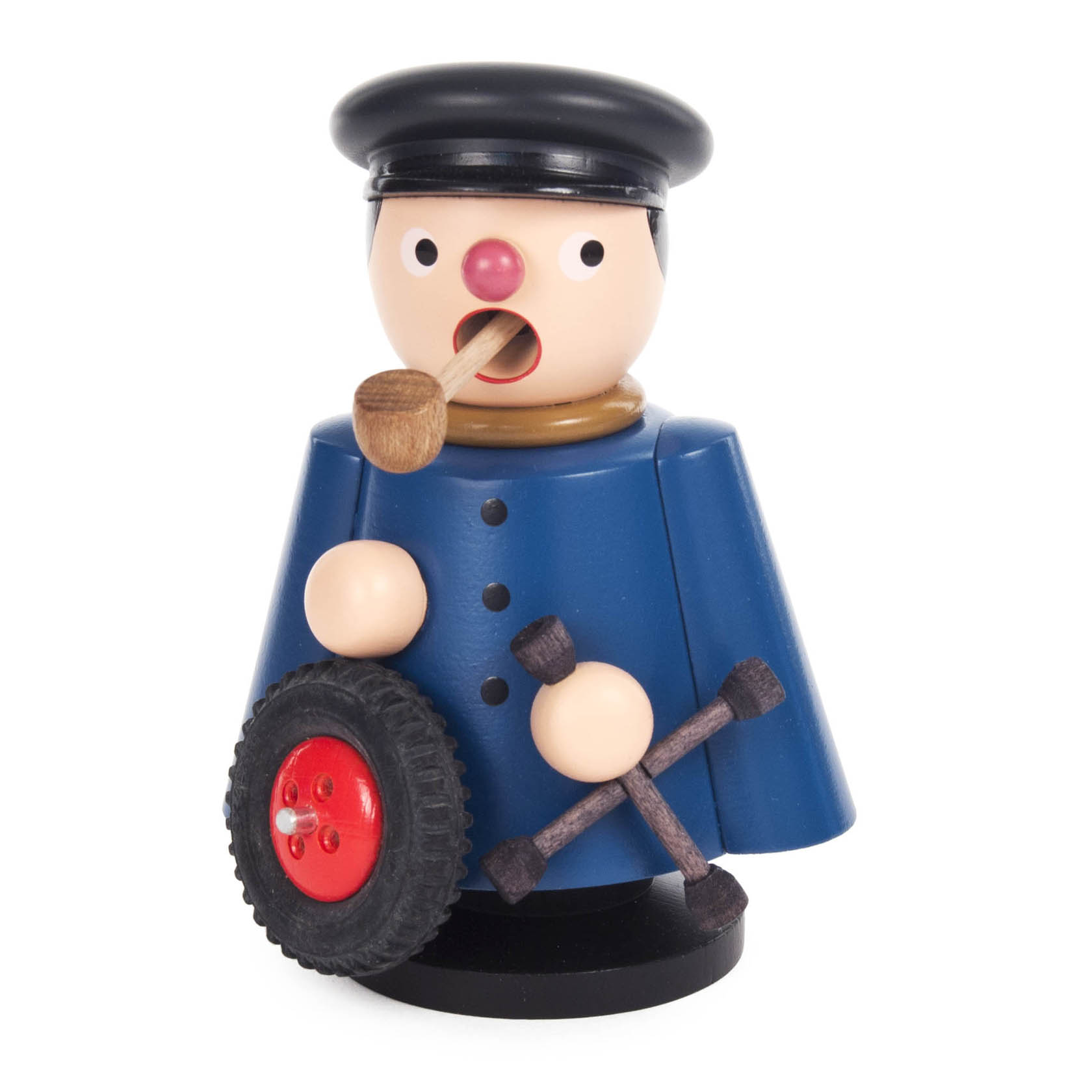 Incense smoker figurine resembling a car mechanic, with a blue coat, cap, a pipe in its mouth, and holding a car wheel and tire iron. im Dregeno Online Shop günstig kaufen