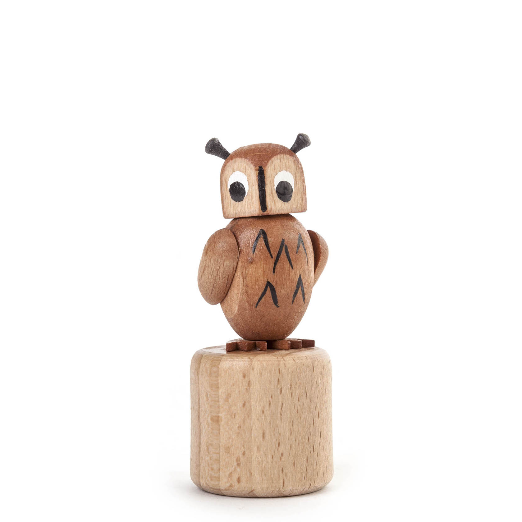 Holzspielzeug in Form einer Eule mit beweglichen Gliedern. Es steht auf einer runden Basis und hat ein freundliches Gesicht mit großen Augen. im Dregeno Online Shop günstig kaufen