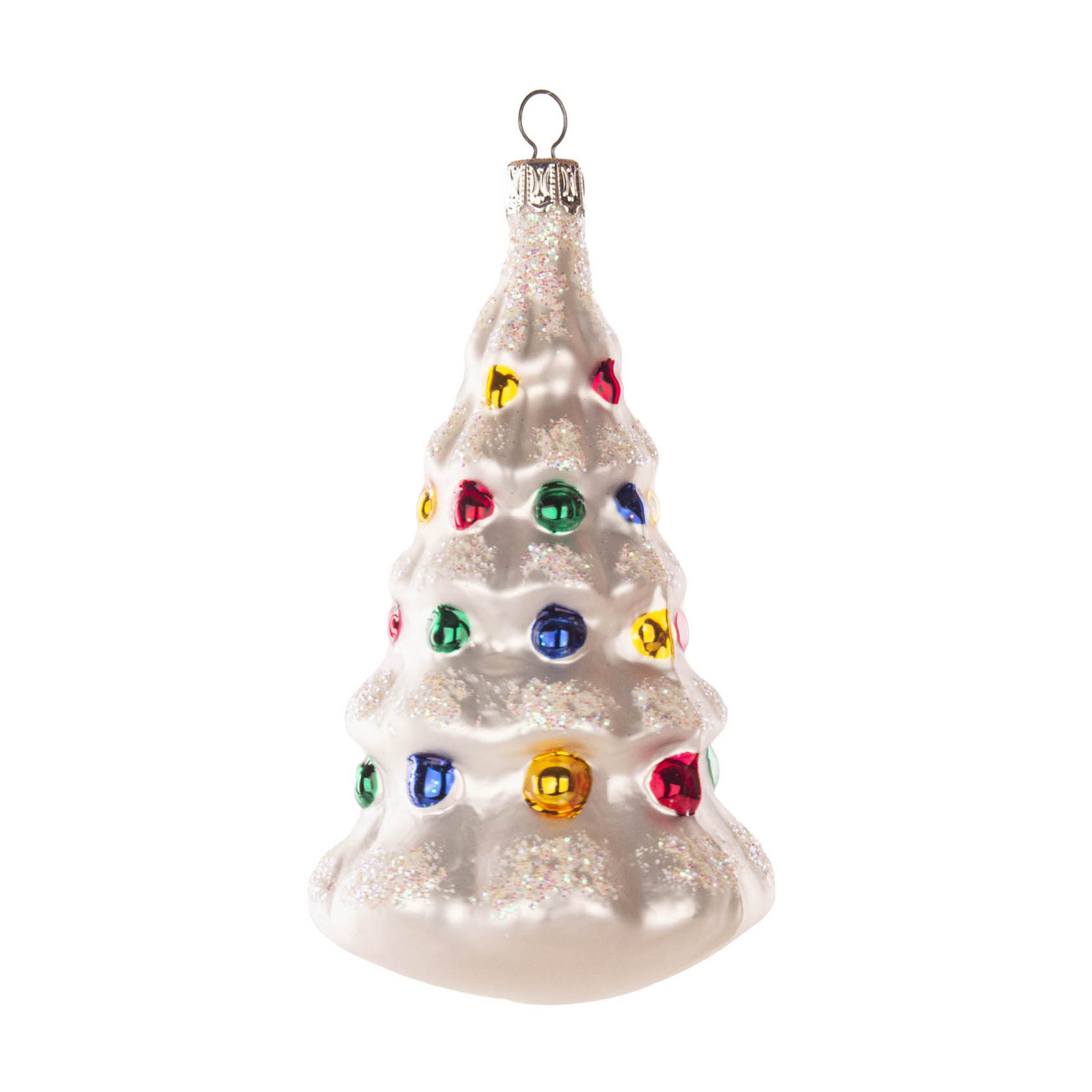 White Christmas tree ornament decorated with colorful red, green, blue, and yellow balls, featuring a glittery finish. im Dregeno Online Shop günstig kaufen