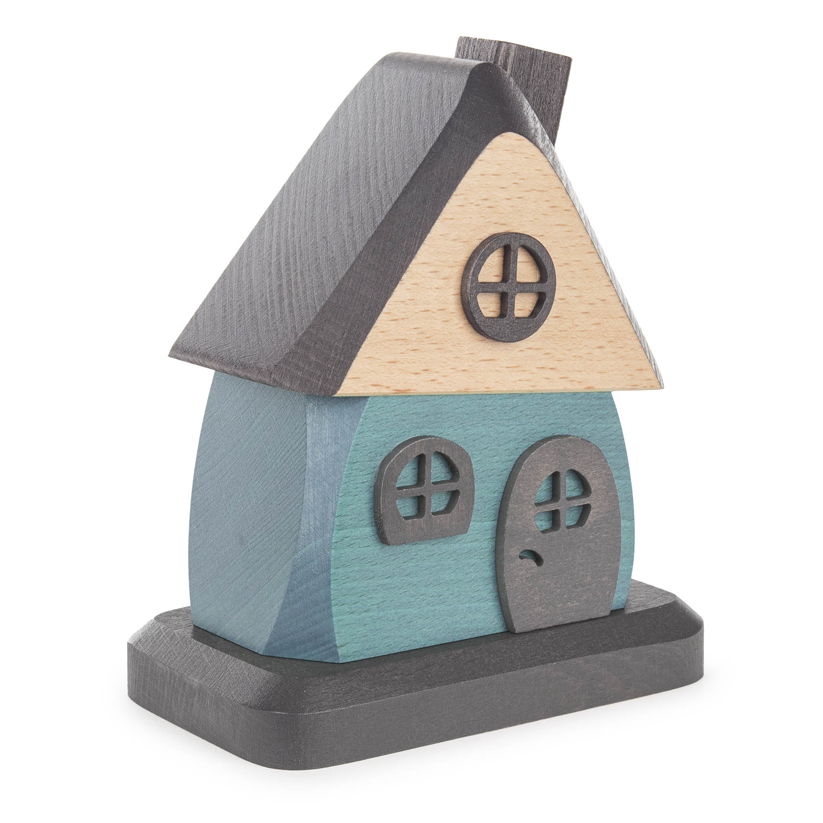 Dekoratives Blockhaus aus Holz, blau-graues Design mit rundem Fenster und Tür. Das Haus steht auf einem rechteckigen Sockel und hat ein schräges Dach.