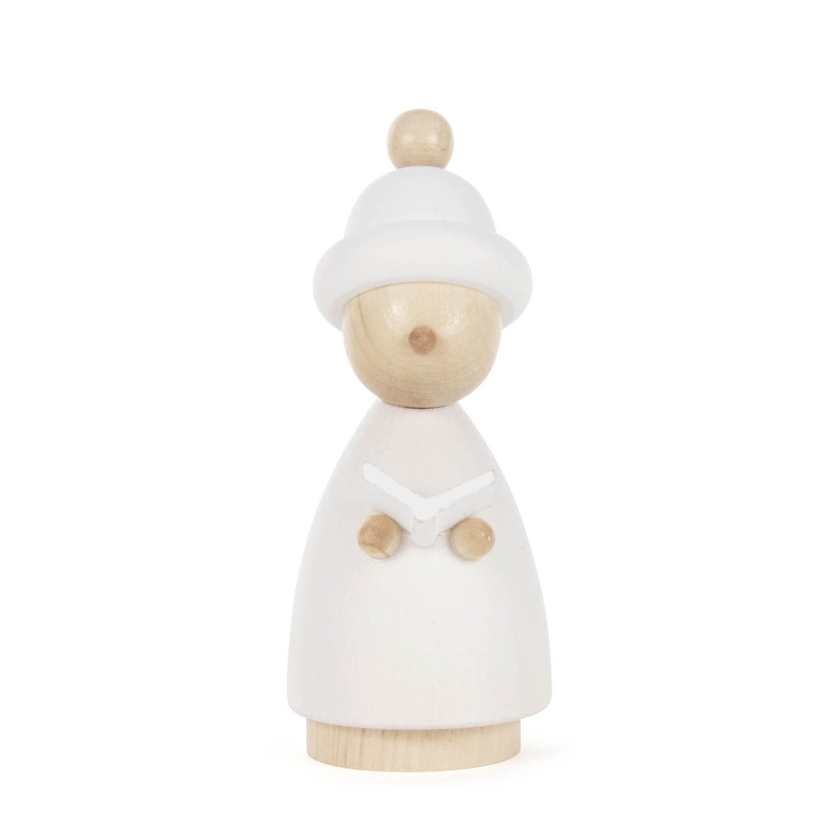 Eine einfache Holzfigur eines Kindes, das ein Buch hält. Die Figur ist in Weiß und Naturtönen gehalten und trägt einen weißen Hut. im Dregeno Online Shop günstig kaufen