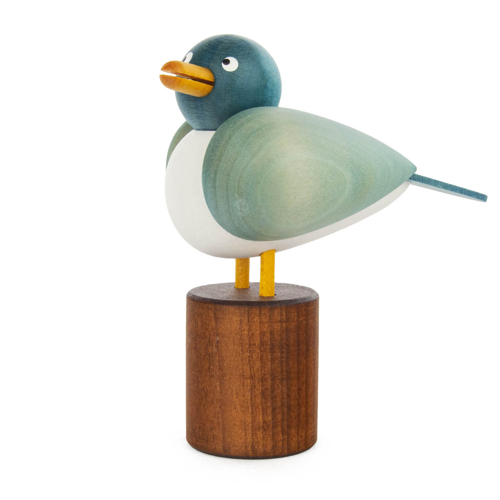 Holzfigur einer kleinen stehenden Möwe mit blauem Kopf und Flügeln auf einem Holzzylinder. im Dregeno Online Shop günstig kaufen