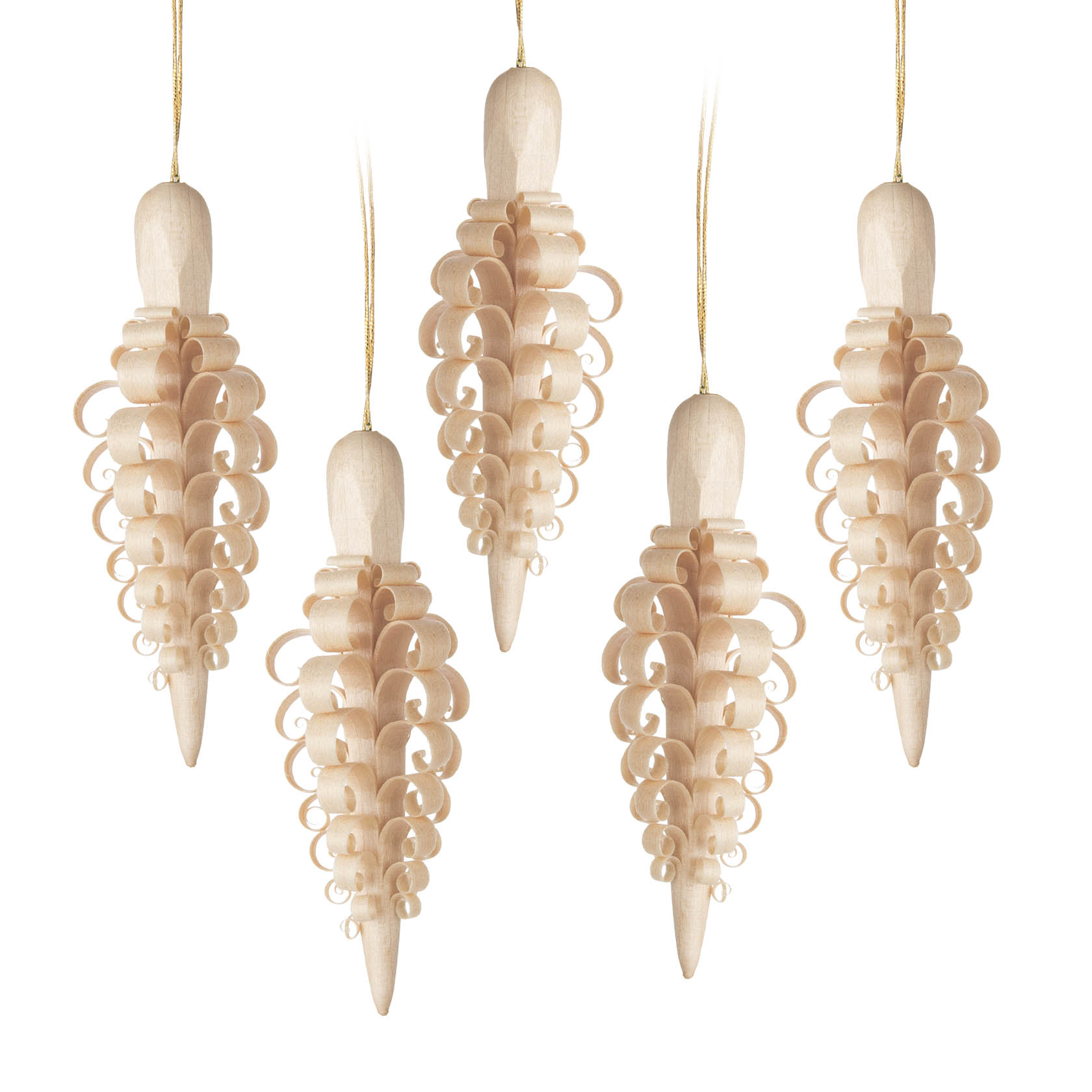 Fünf mittelgroße, dekorative Spanzapfen aus Holz, jeweils 8 cm lang, zum Aufhängen an goldfarbenen Fäden. im Dregeno Online Shop günstig kaufen