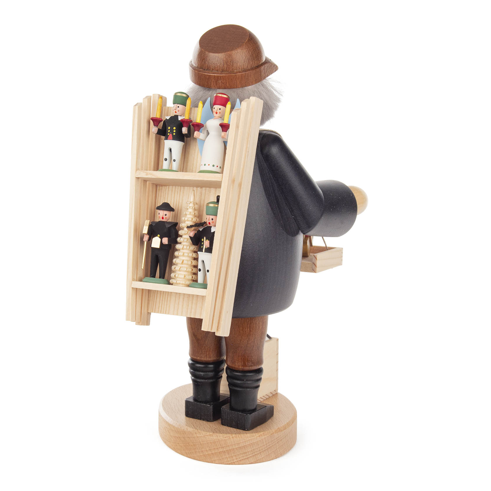 Holzfigur eines Räuchermanns in Form eines Spielzeughändlers. Er trägt eine Bauchlade mit mehreren kleinen Räucherfiguren sowie einem Holz-Nussknacker und Weihnachtspyramide.