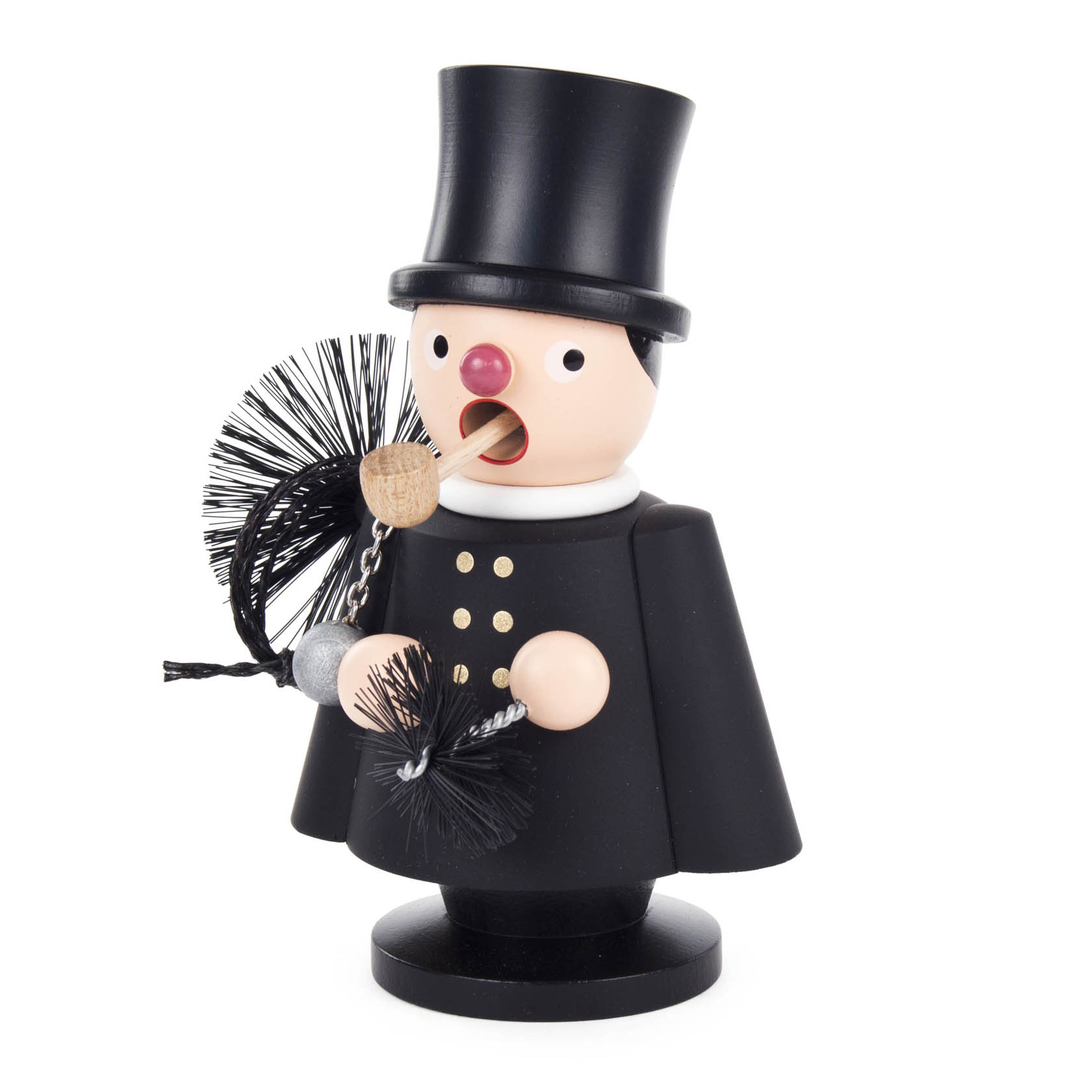 Holzfigur eines Räuchermanns in Form eines Schornsteinfegers. Er trägt einen schwarzen Zylinder, einen schwarzen Mantel und hält einen Schornsteinbesen. im Dregeno Online Shop günstig kaufen