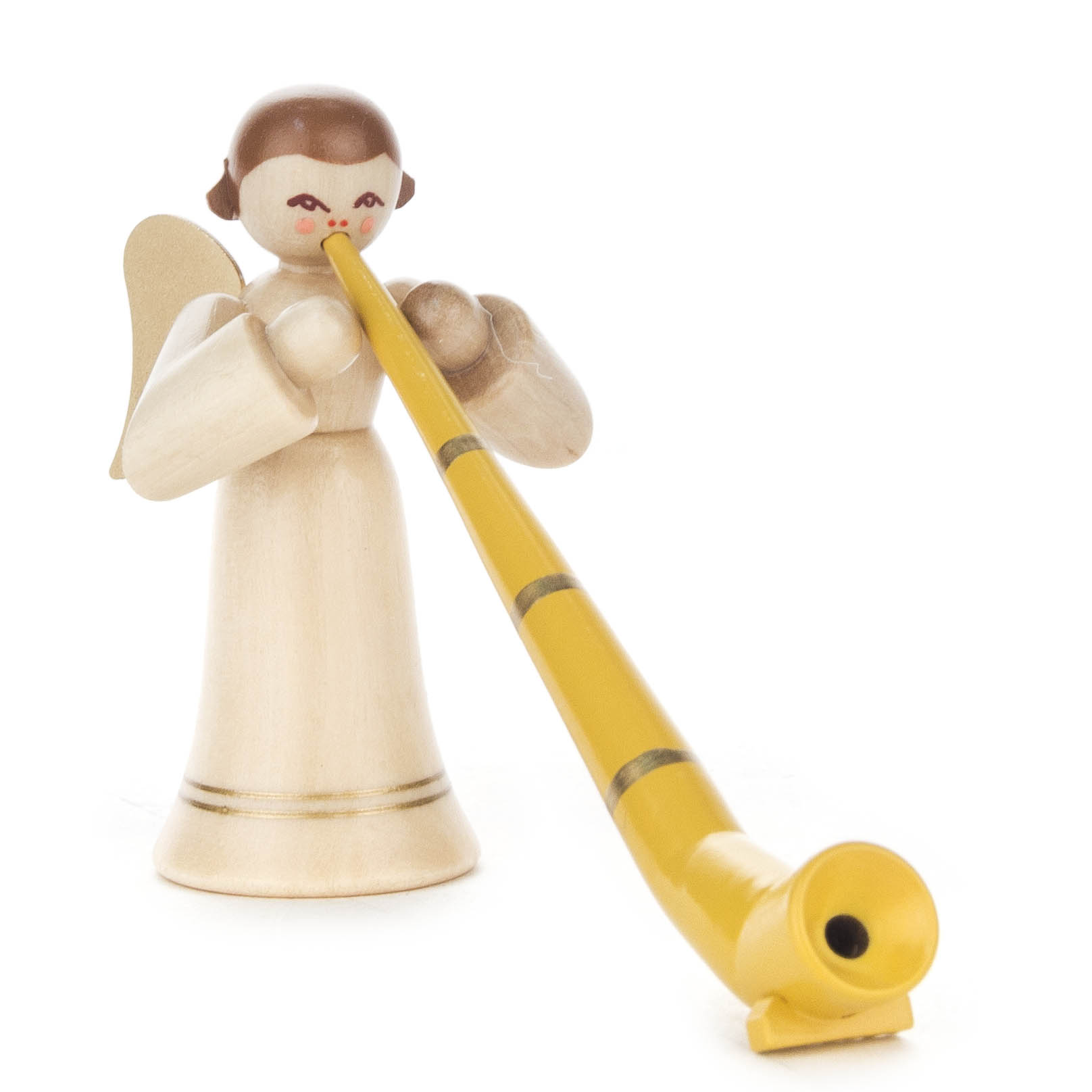 Holzengel mit braunen Haaren und weißem langen Rock spielt ein gelbes Alphorn. im Dregeno Online Shop günstig kaufen