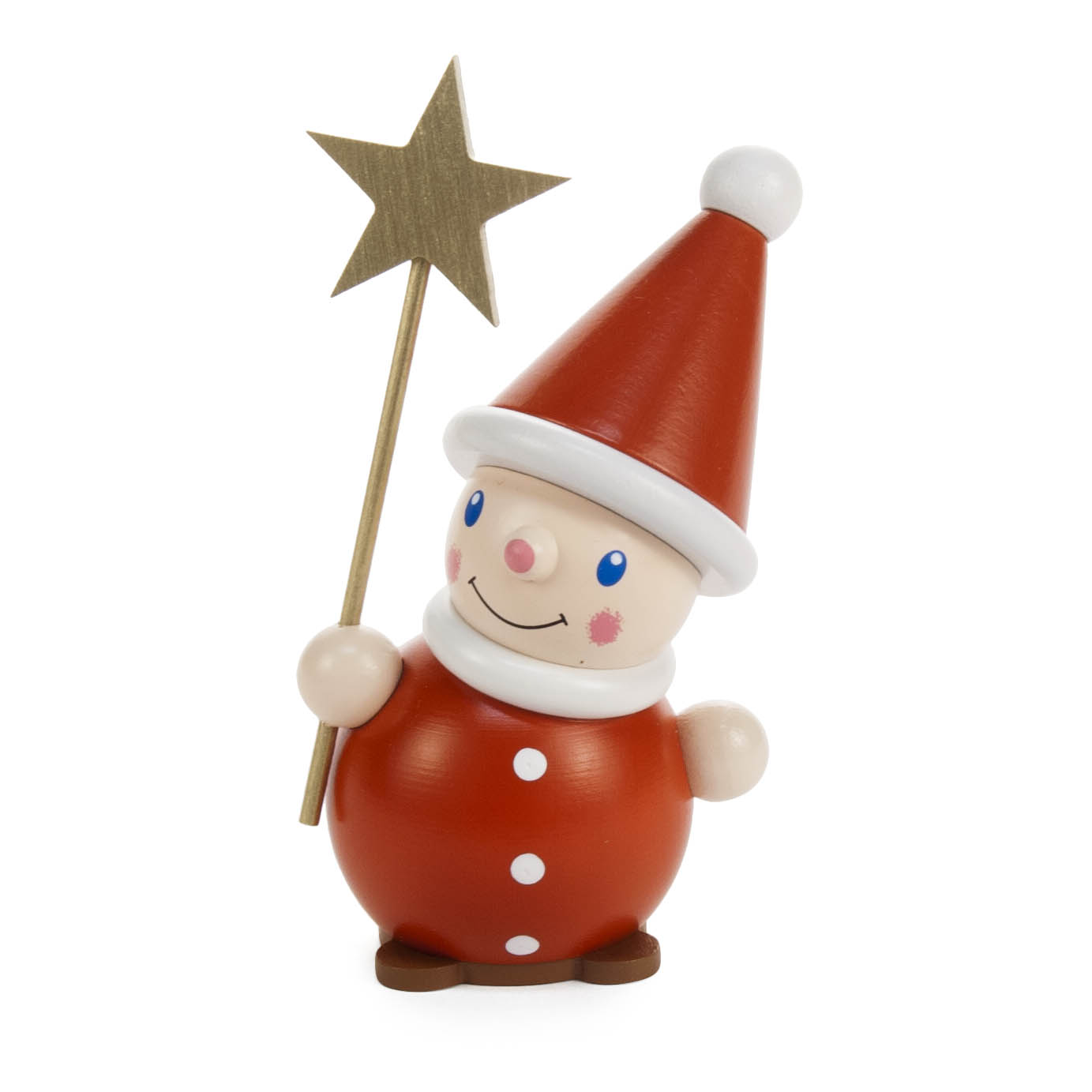 Holzwichtel in rotem Outfit mit roter Zipfelmütze und weißem Knopfdetail hält einen goldenen Sternstab in der rechten Hand. im Dregeno Online Shop günstig kaufen