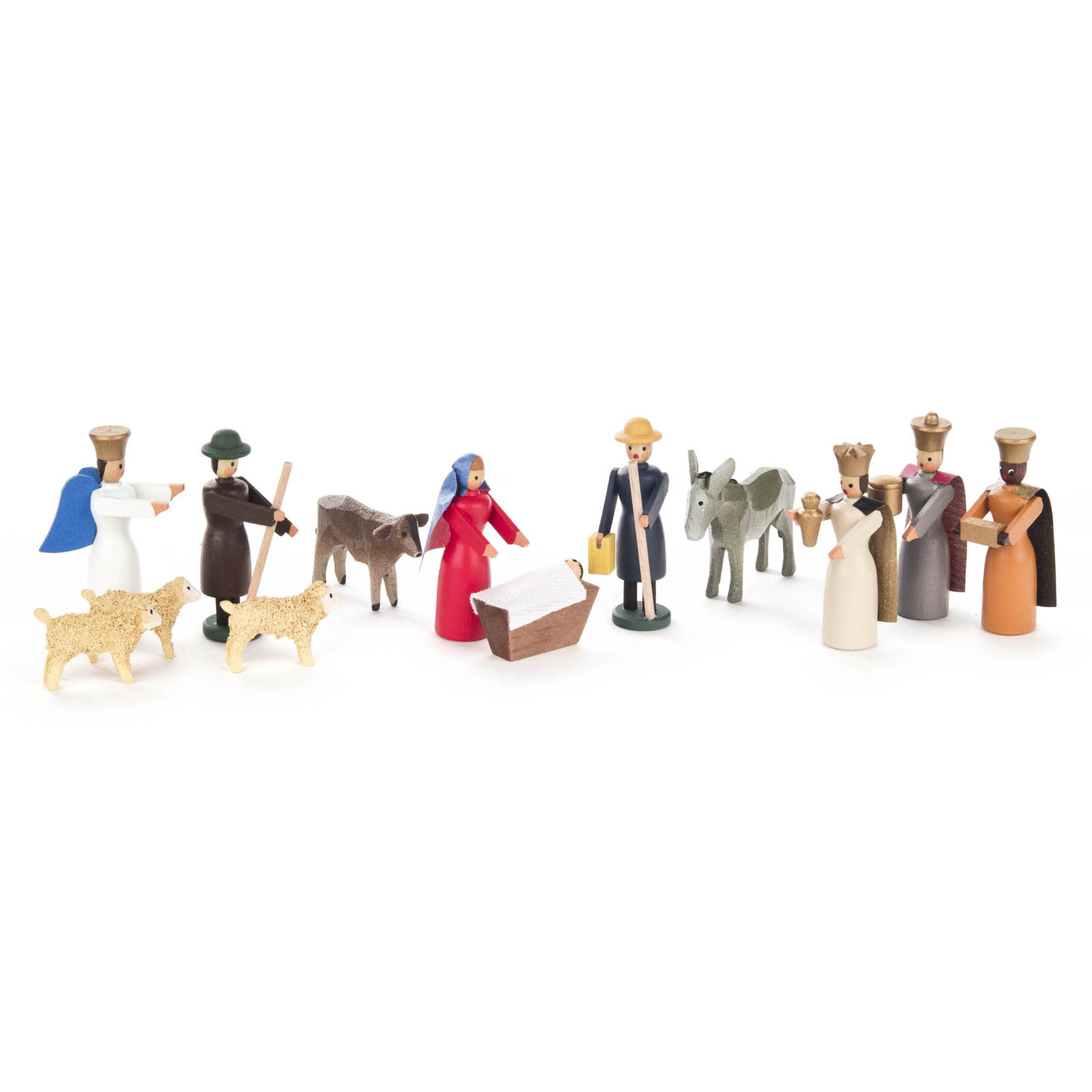 14-teilige Weihnachtskrippe mit Figuren: Maria, Josef, das Jesuskind, die drei Weisen, Hirten, Schafe und ein Esel.