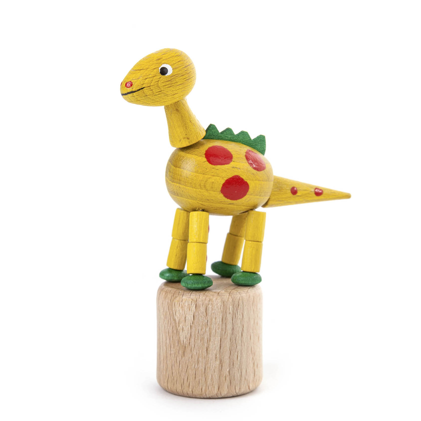 Ein gelber Wackeltier-Dinosaurier aus Holz mit roten Punkten und grünen Füßen, steht auf einem Holzsockel. im Dregeno Online Shop günstig kaufen