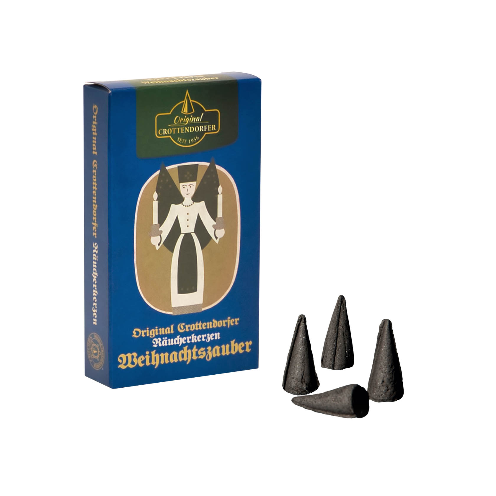 Päckchen Crottendorfer Räucherkerzen mit Aufschrift 'Weihnachtszauber', daneben einige schwarze Räucherkerzen in Kegelform und eine angezündete Kerze, die Rauch abgibt. im Dregeno Online Shop günstig kaufen