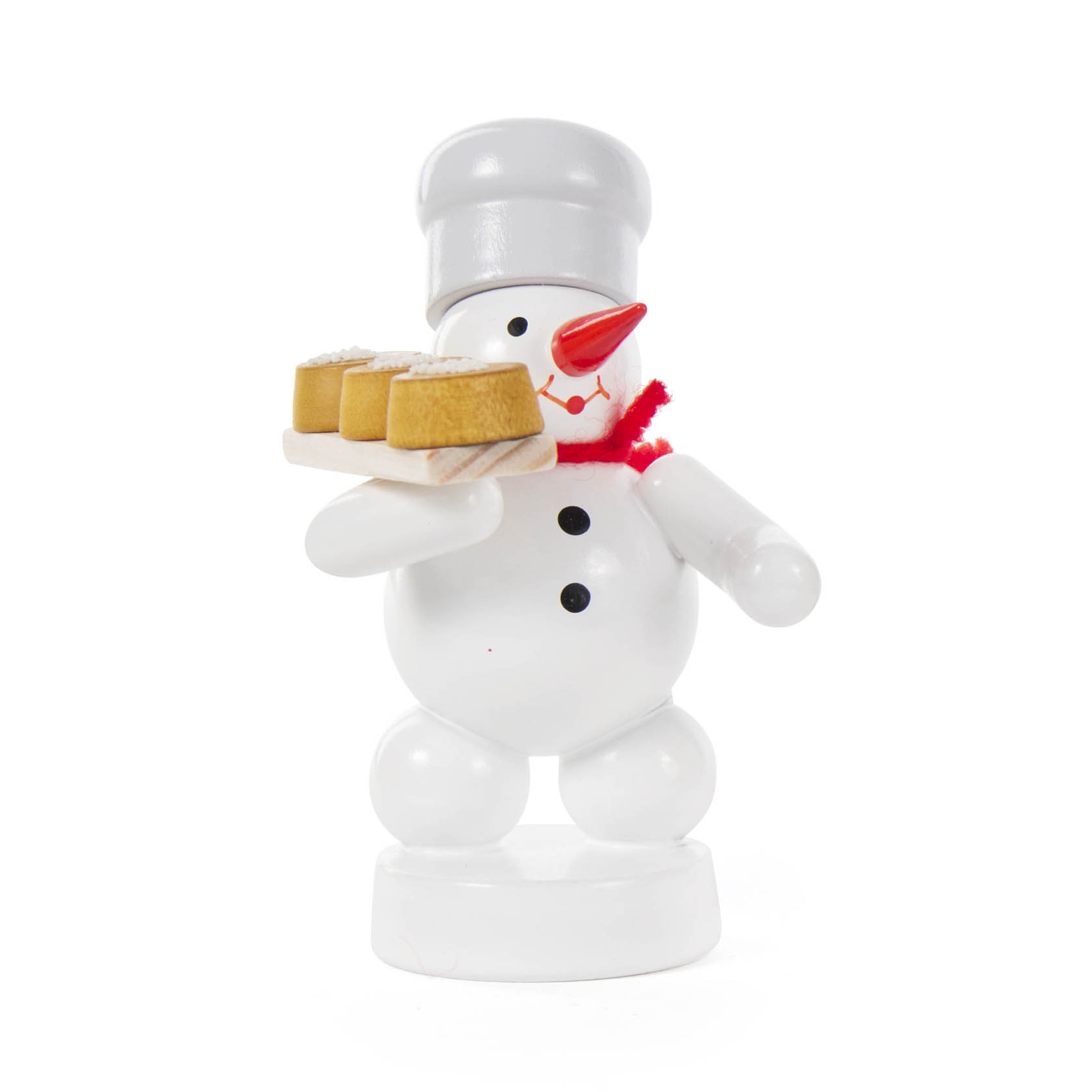 Ein lächelnder Schneemann mit roter Nase und weißem Kochhut hält ein Tablett mit drei Kuchenstücken in den Händen. im Dregeno Online Shop günstig kaufen