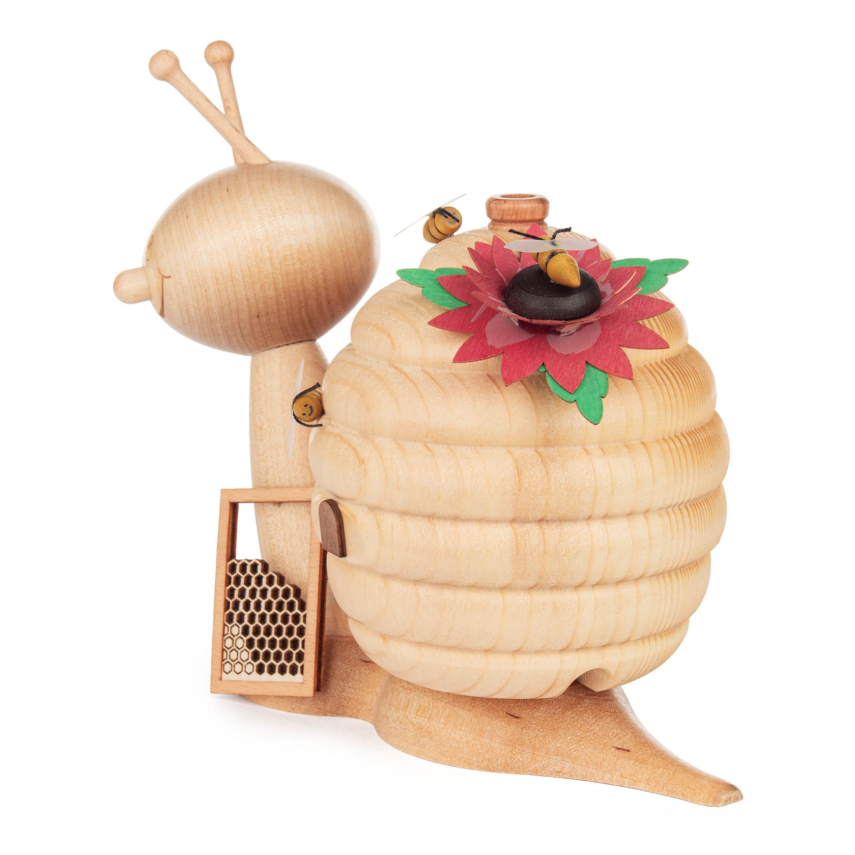 Holzskulptur einer Schnecke mit einem Bienenkorb als Haus auf dem Rücken. Verziert mit einer Blume und einer kleinen Biene. Detailreich gearbeitet.
