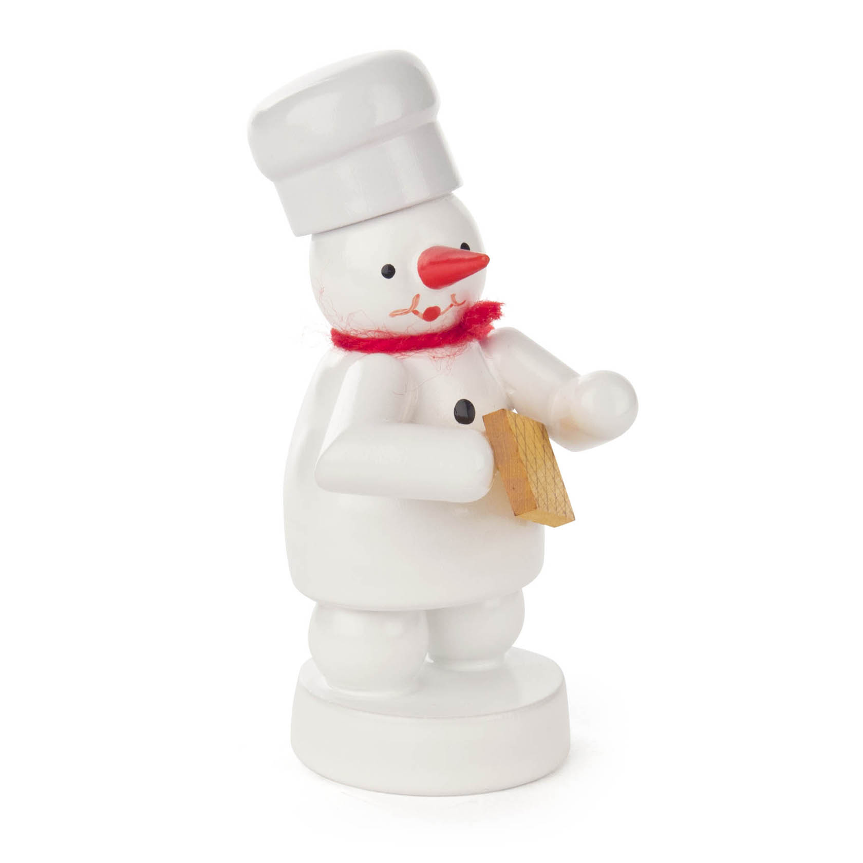 Eine weiße Figuren eines Schneemanns mit Bäckermütze, rotem Schal und einer Waffel in der Hand. im Dregeno Online Shop günstig kaufen