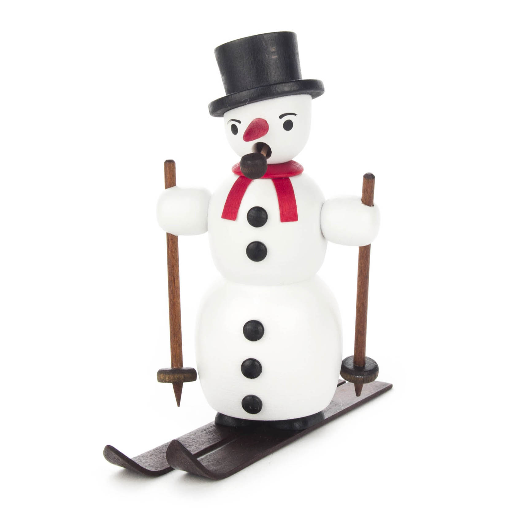 Holzfigur eines Schneemanns mit schwarzem Zylinder, rotem Schal und Pfeife, auf Ski stehend, mit Skistöcken in den Händen. im Dregeno Online Shop günstig kaufen