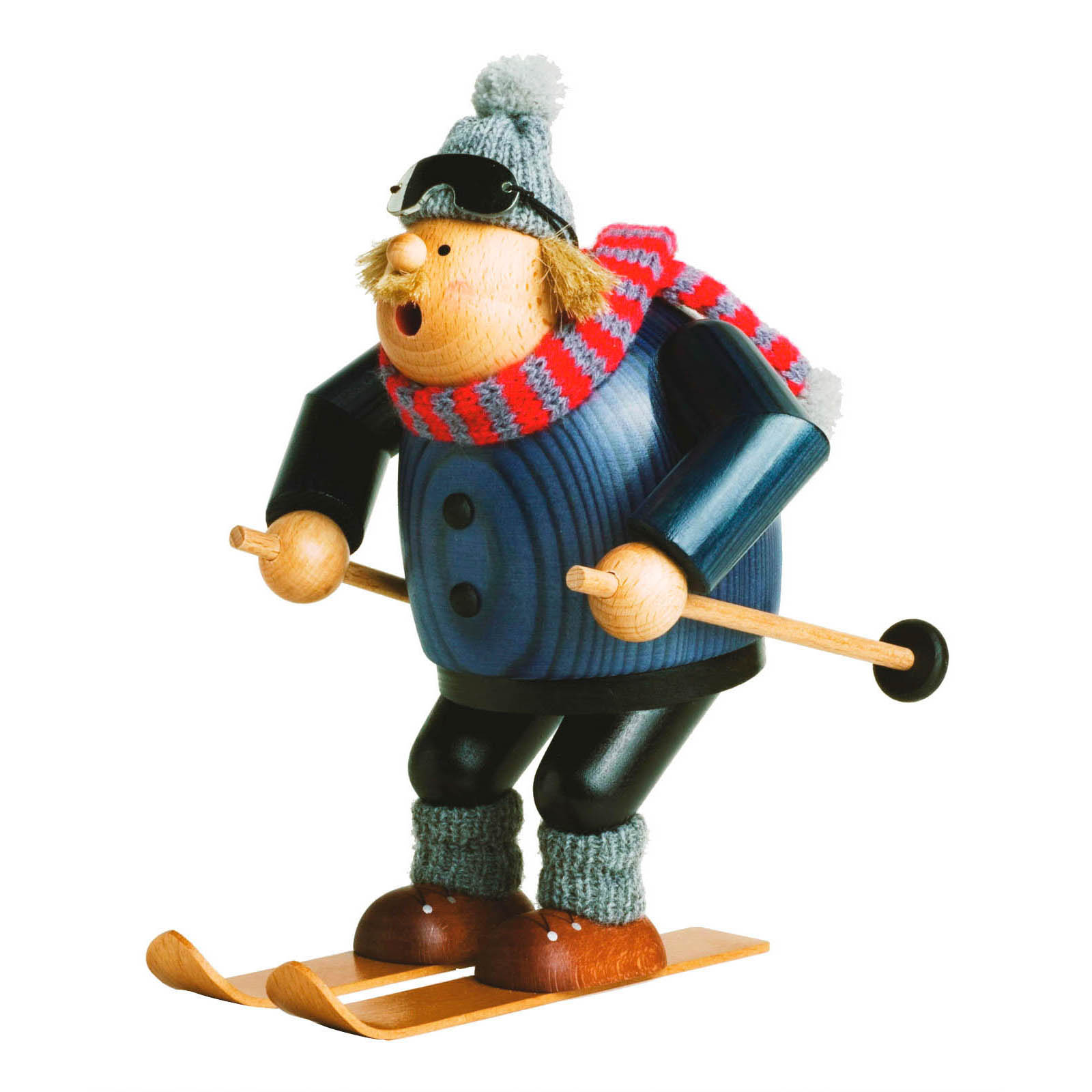 Ein Räuchermann in Form eines Abfahrtsläufers auf Skiern, 20 cm groß. Trägt eine blaue Jacke, rote Handschuhe, eine Mütze und einen rot-grauen Schal. im Dregeno Online Shop günstig kaufen
