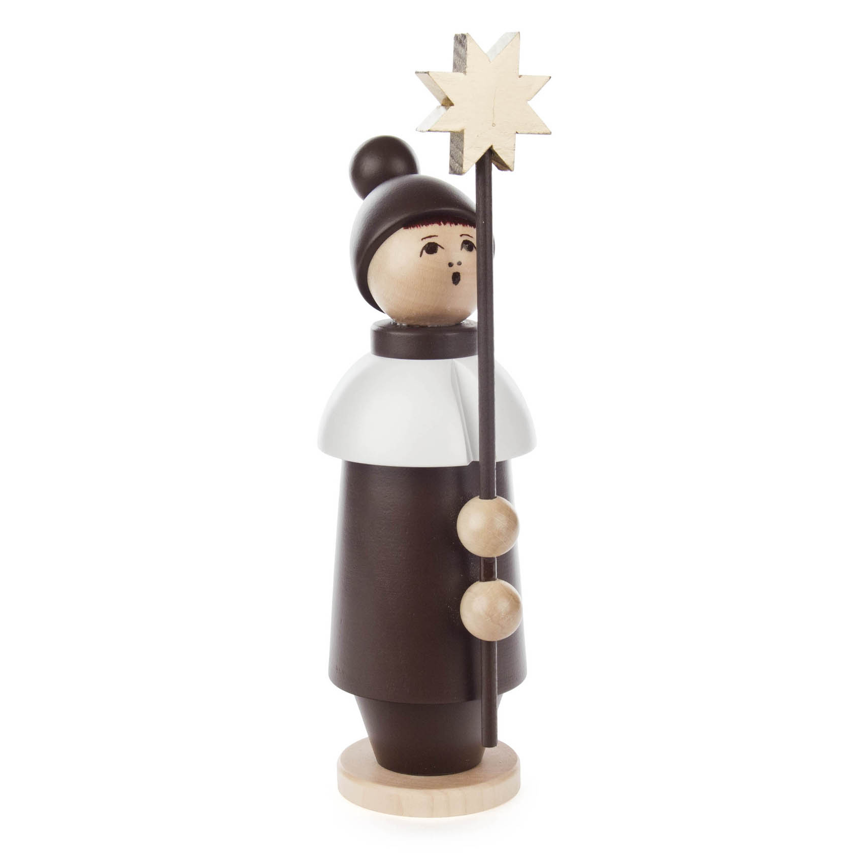 Holzfigur eines Kurrendesängers in brauner Kutte mit weißem Kragen und schwarzer Mütze, der einen Sternenstab hält. im Dregeno Online Shop günstig kaufen