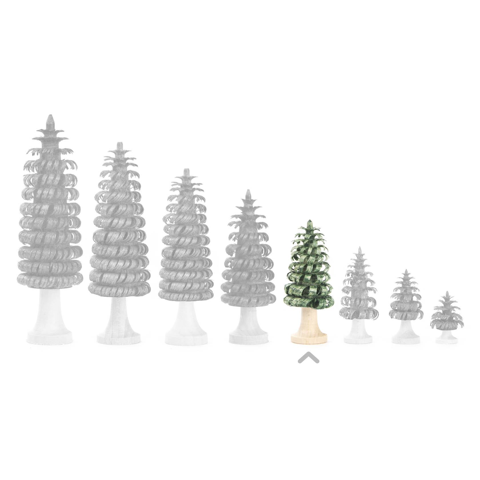 A small green spiral-shaped tree on a light wooden base. It is the only colored tree among a row of greyed-out similar trees.
