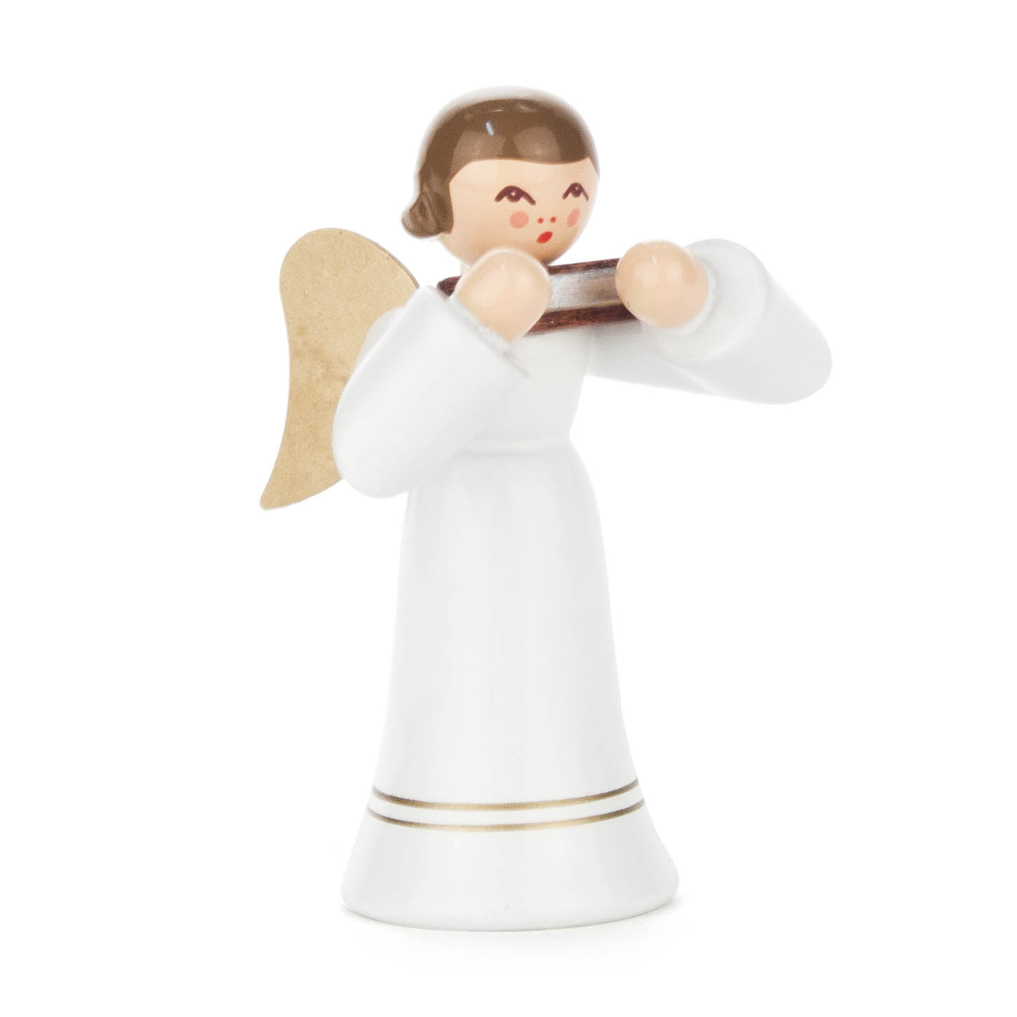 Ein Engel mit langen weißen Gewändern spielt eine Mundharmonika. Der Engel hat goldene Flügel und ein fröhliches Gesicht mit roten Wangen. im Dregeno Online Shop günstig kaufen