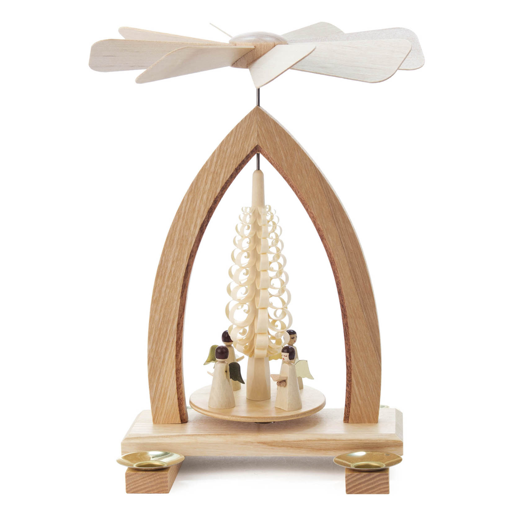 Holzpyramide mit zwei Engeln und 14 mm Kerzenhalterungen. Oben ein Propeller, der durch die Wärme der Kerzen angetrieben wird. im Dregeno Online Shop günstig kaufen