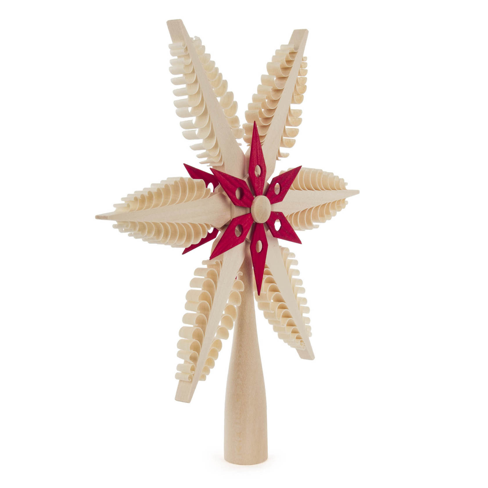 Ein Christbaumspitze Spanstern in den Farben Rot und Naturholz mit einem Durchmesser von 20 cm.