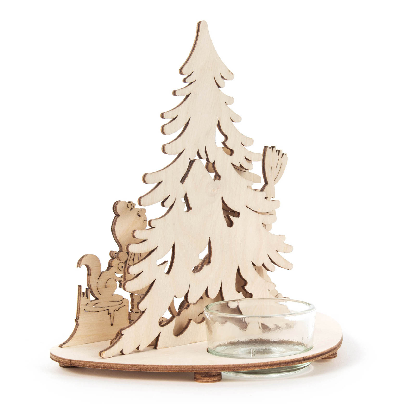 Wooden candle holder featuring winter children motifs across 5 levels, intricately designed with a prominent tree and glass holder for a tealight.