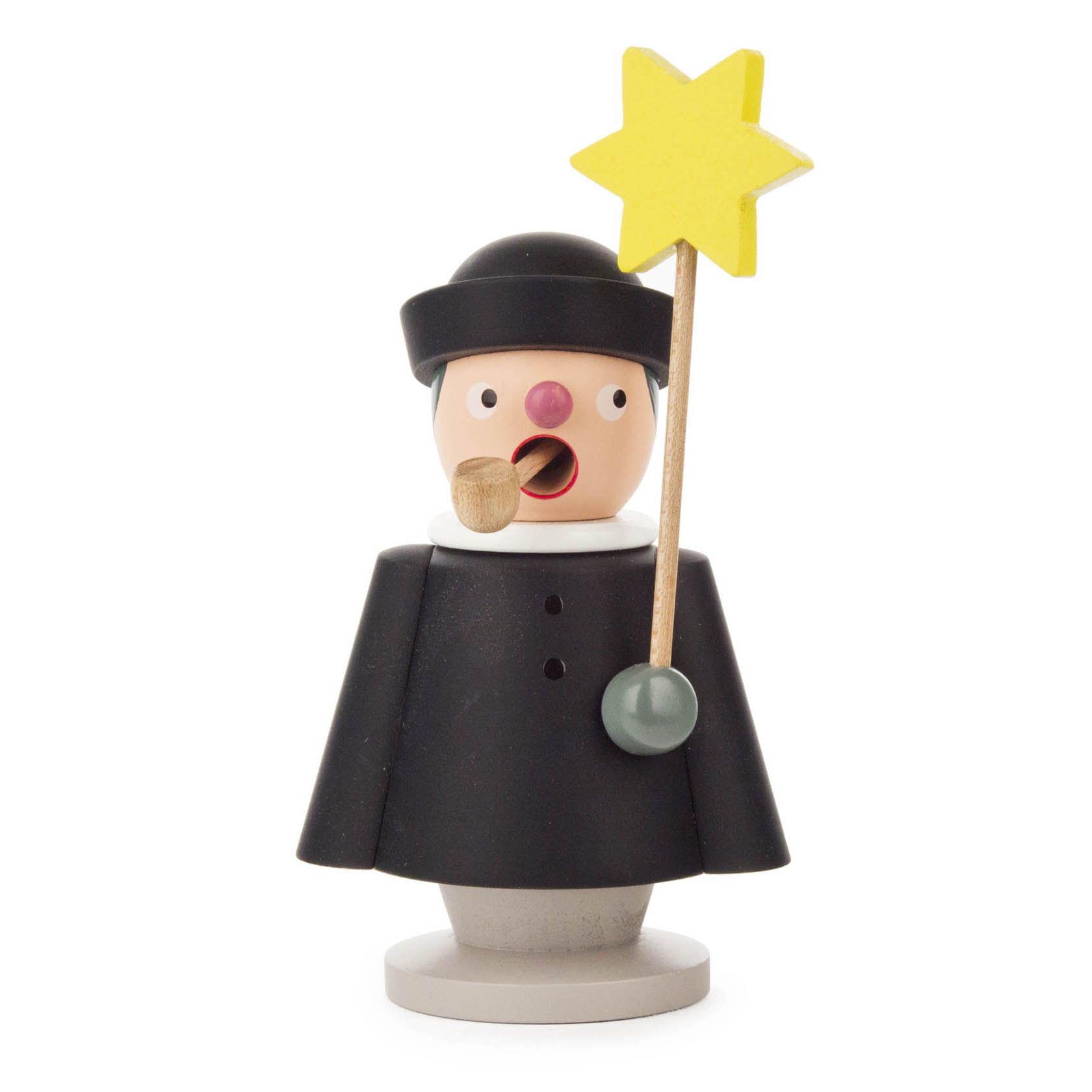 A wooden smoking man figurine, dressed in black as a caroler, holding a yellow star on a stick and wearing a black hat. im Dregeno Online Shop günstig kaufen
