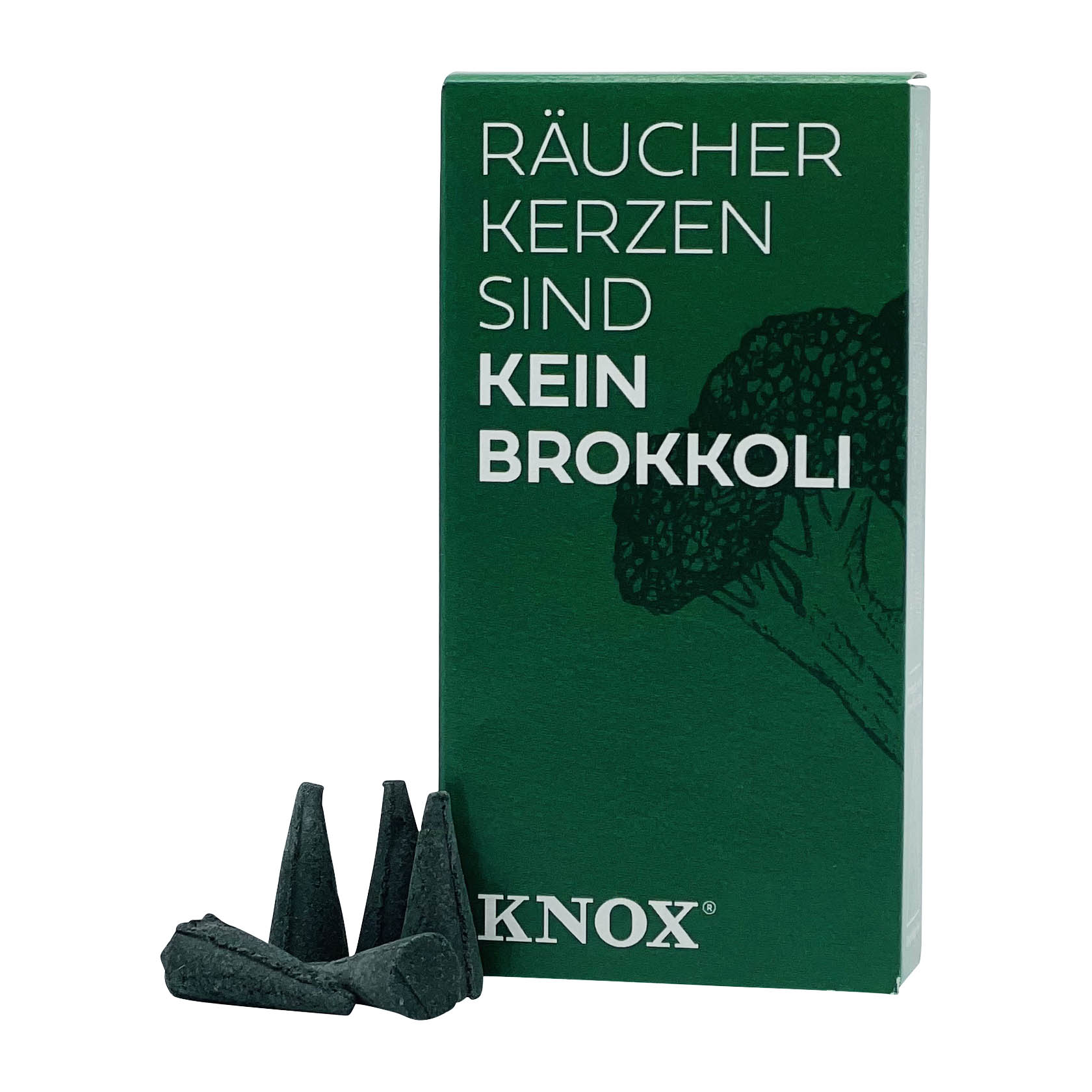 Eine grüne Packung YOUNG KNOX Räucherkerzen mit der Aufschrift 'Räucherkerzen sind kein Brokkoli' und einer Abbildung von Brokkoli. im Dregeno Online Shop günstig kaufen