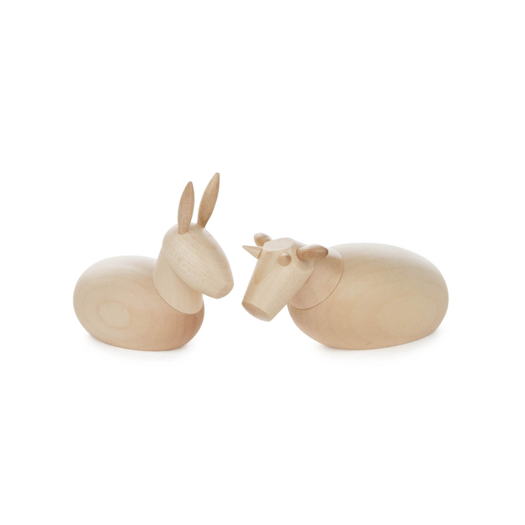Zwei minimalistische Holzfiguren, ein Ochse mit abgerundetem Körper und Hörnern sowie ein Esel mit langen Ohren. Beide sind in naturbelassenem Holzstil gehalten. im Dregeno Online Shop günstig kaufen