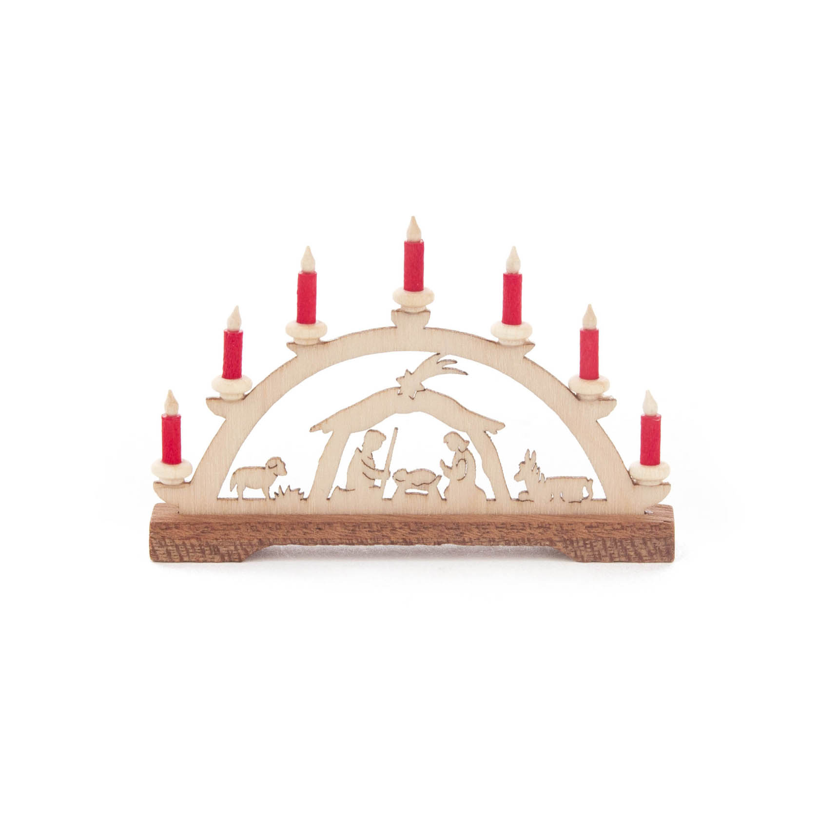 Mini Schwibbogen mit Christi Geburt Krippenszene und neun roten Kerzen auf einem Holzbogen. im Dregeno Online Shop günstig kaufen