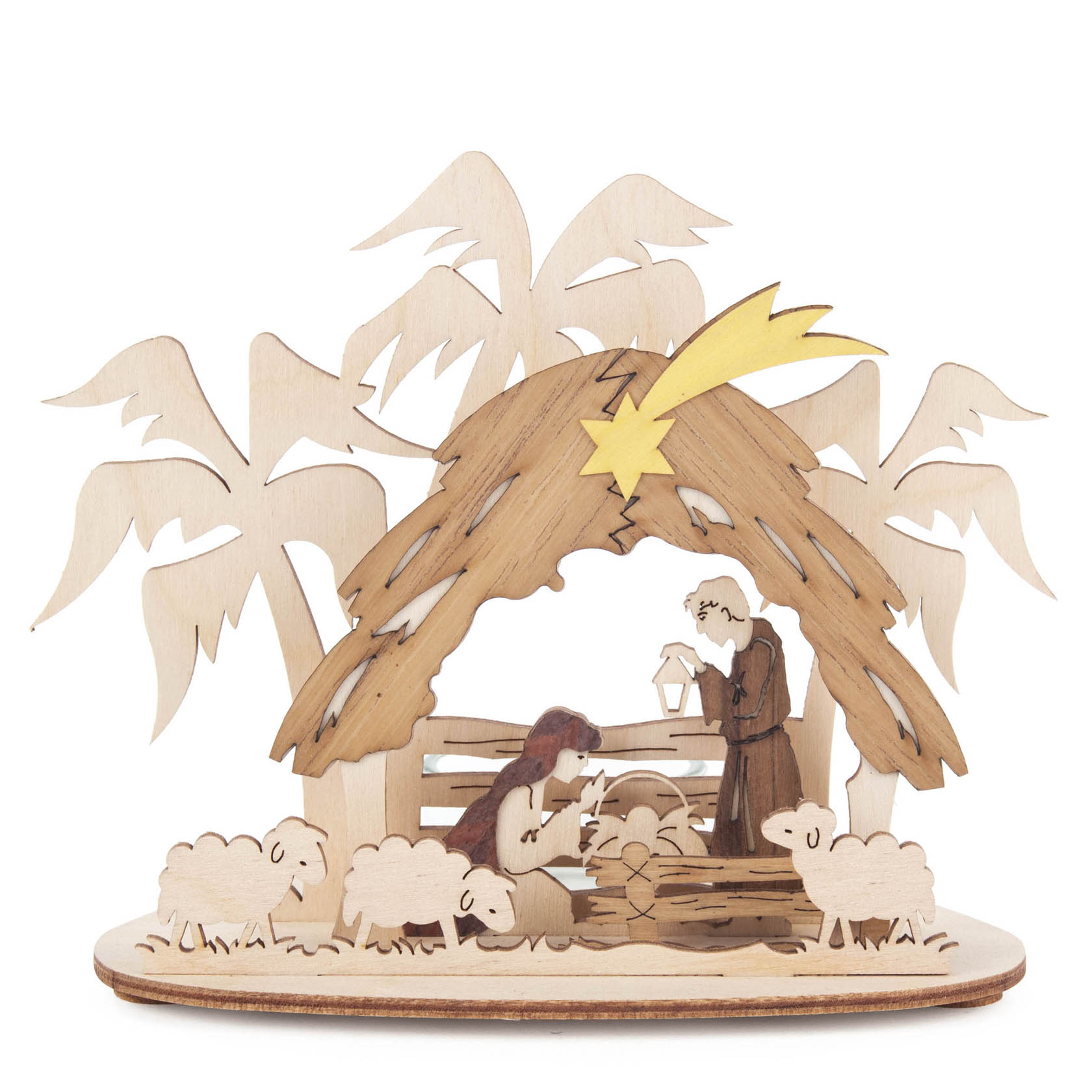 Holz-Teelichthalter in Form einer Weihnachtskrippe mit Maria und Josef neben dem Jesuskind in der Krippe, umgeben von Schafen unter einem Stall mit Stern. im Dregeno Online Shop günstig kaufen