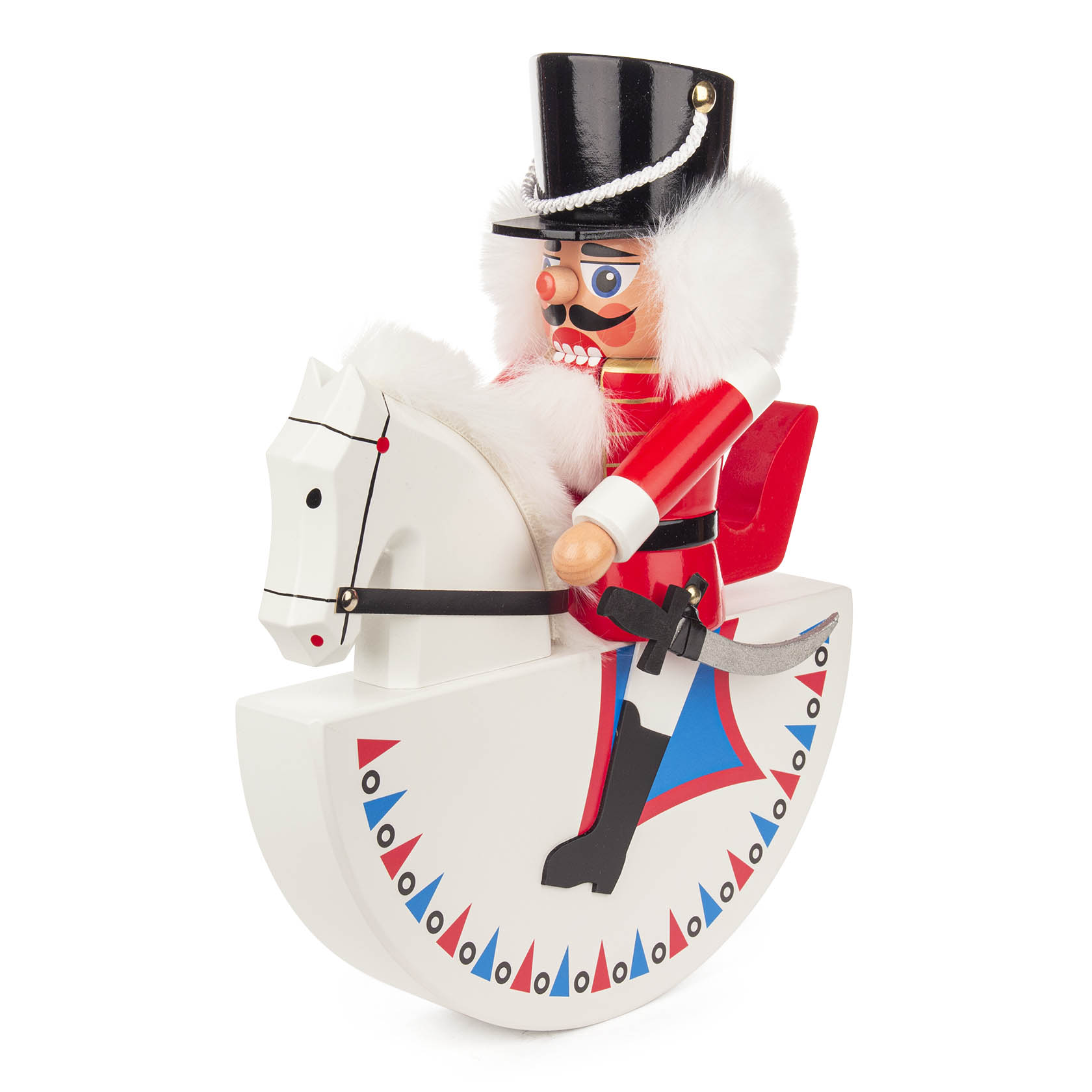 Roter Nussknacker in Husarenuniform auf einem schaukelnden weißen Pferd, 27,5 cm hoch. im Dregeno Online Shop günstig kaufen