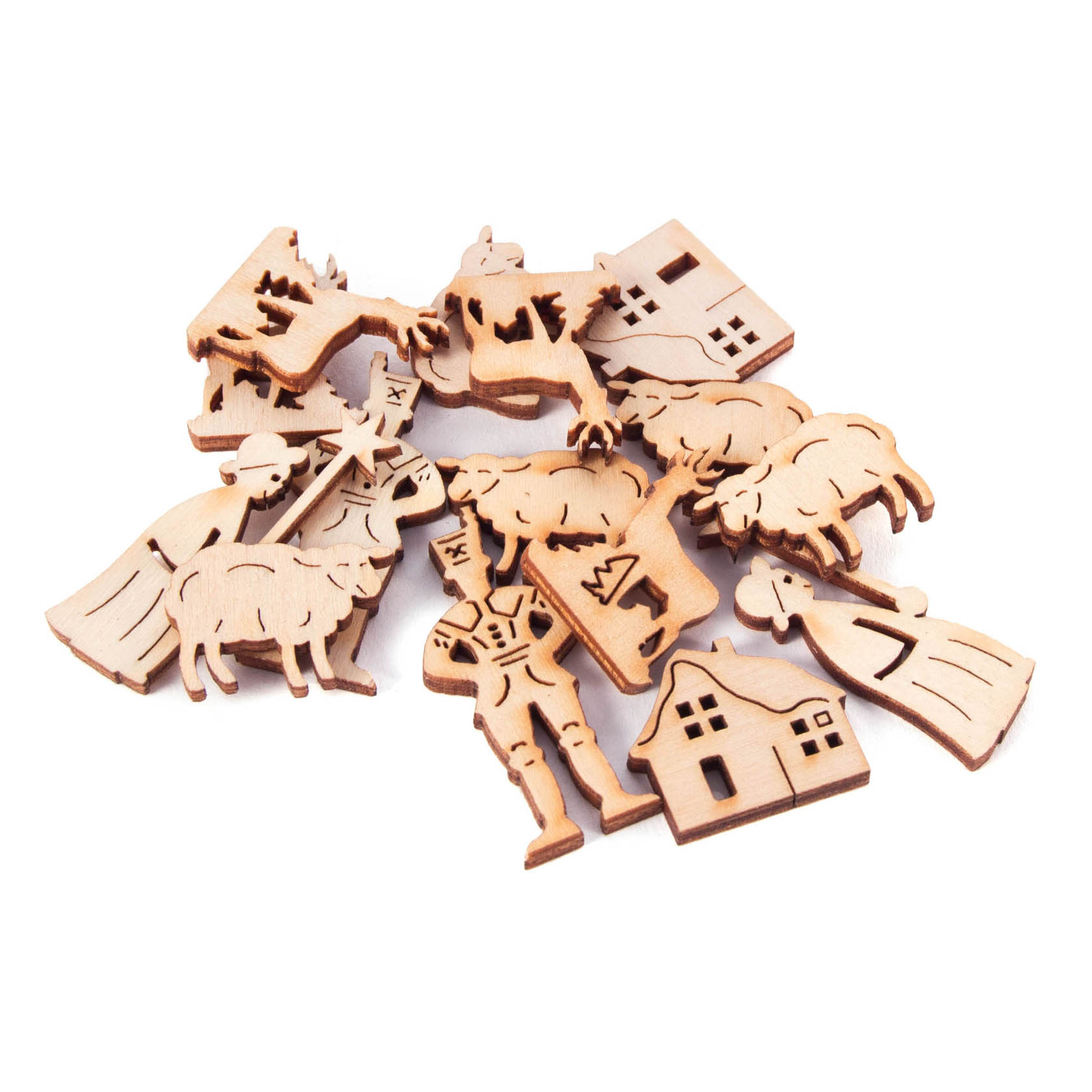 Ein Arrangement von lasergeschnittenen Holzfiguren mit weihnachtlichen Motiven, darunter Schafe, Häuser, Engel und ein Soldat. Die Figuren sind detailreich gestaltet. im Dregeno Online Shop günstig kaufen