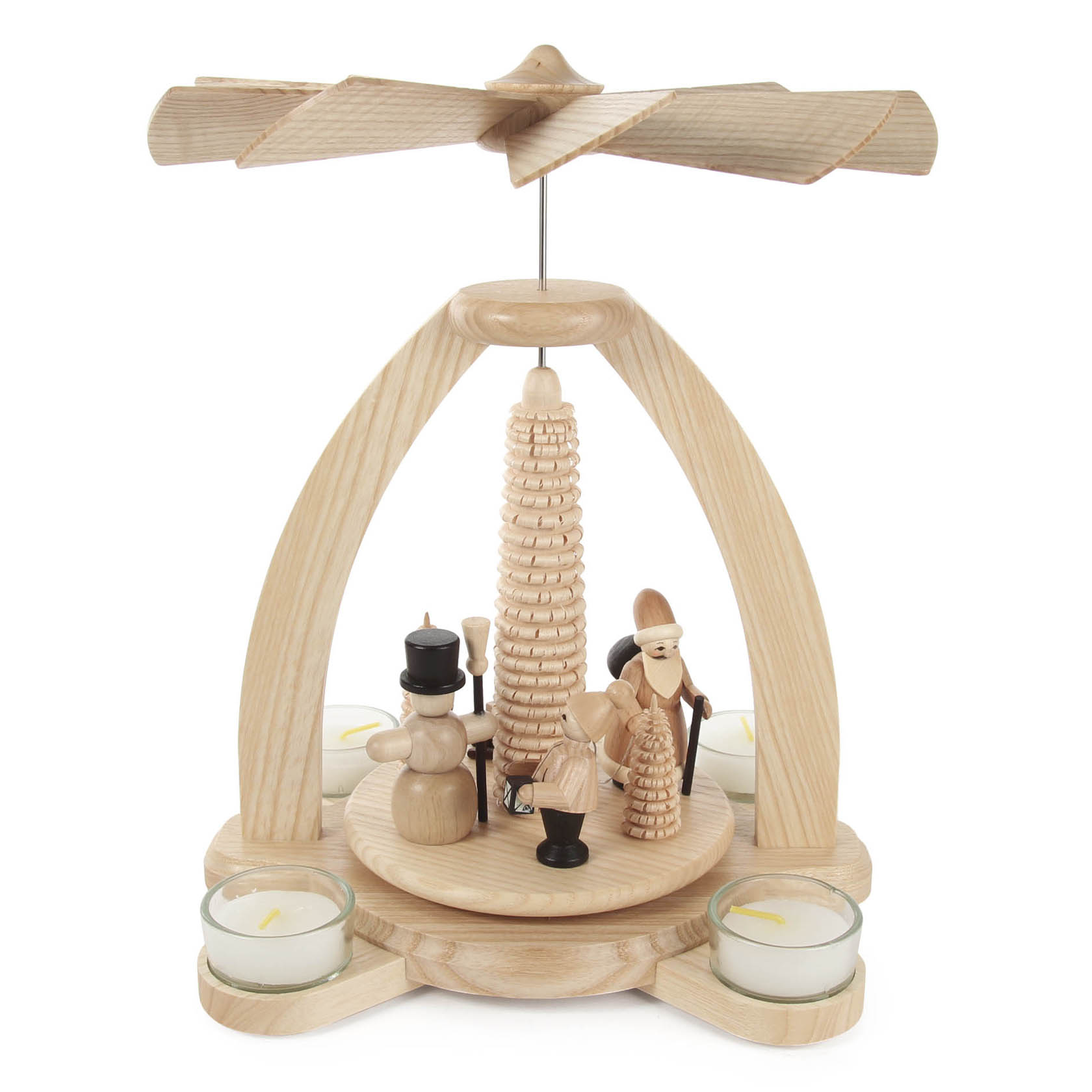 Holzpyramide mit Weihnachtsmann, Schneemann und Teelichthaltern. Der obere Teil dreht sich durch Kamineffekt der Teelichter. im Dregeno Online Shop günstig kaufen