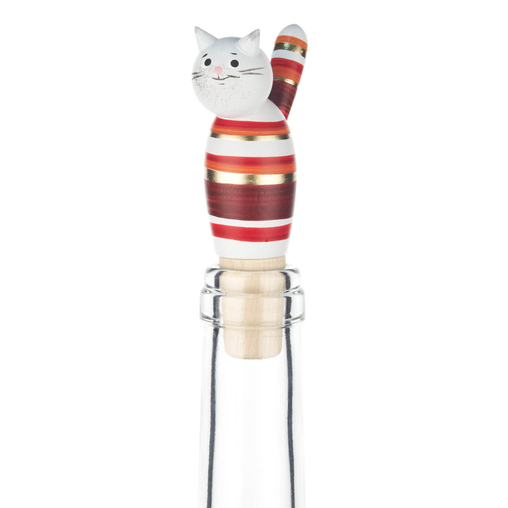 Weißer Flaschenverschluss in Form eines Katzenkopfes mit rot-orange-goldenen Streifen. im Dregeno Online Shop günstig kaufen