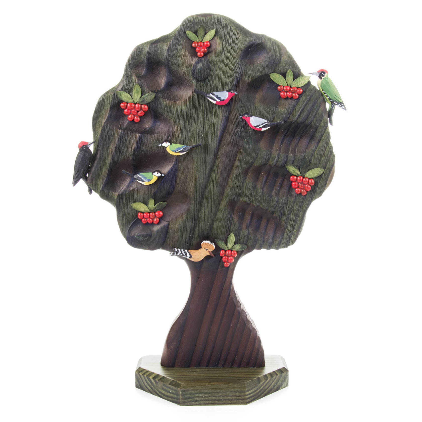 Dekorativer Holzbaum mit 7 bunten Vogelabbildungen auf unterschiedlichen Ästen. Der Baum ist mit roten Beeren verziert. im Dregeno Online Shop günstig kaufen