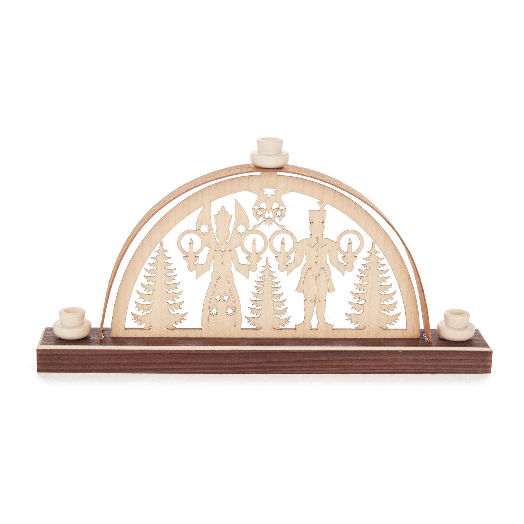 Miniature arch with carved figures of an angel and a miner holding candle arches, set within a forest scene. im Dregeno Online Shop günstig kaufen